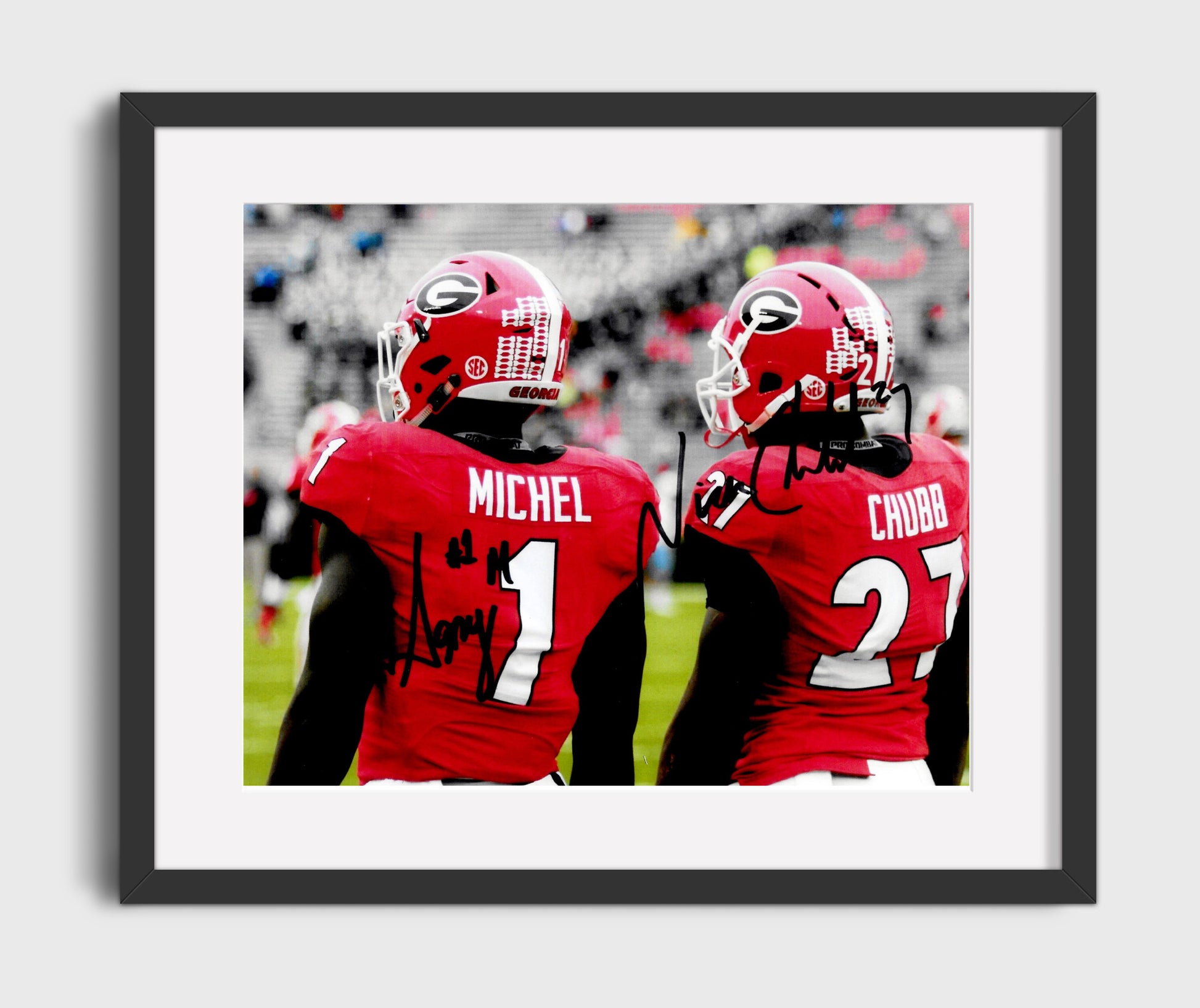 Georgia Football Nick Chubb and Sony Michel Backfield Duo College Football Wall Art 16x20 Gallery Frame wall art print – College Football decor