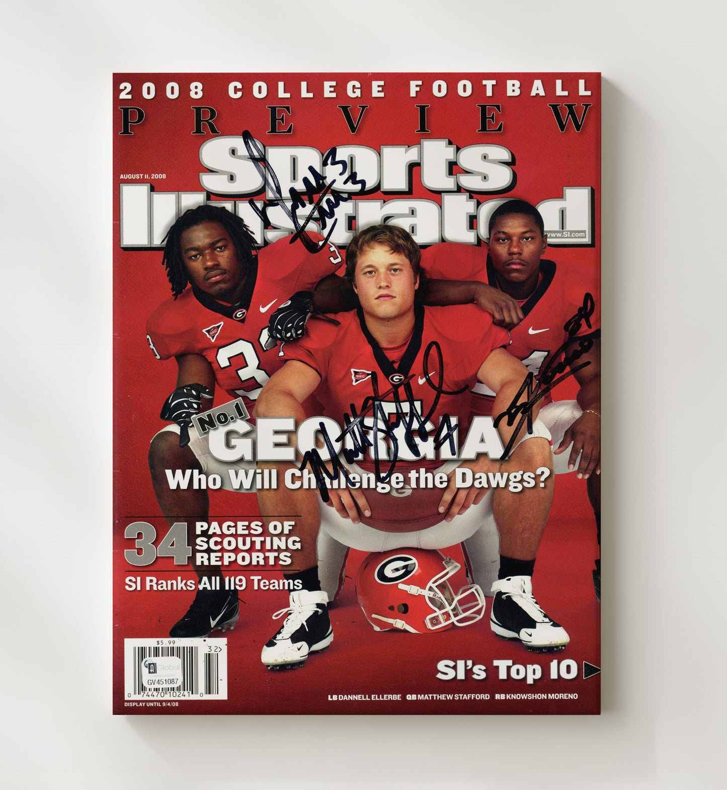 Georgia Football Stafford Moreno Ellerbe SI Preview Cover 2008 College Football Wall Art 20x24 Canvas wall art print – College Football decor