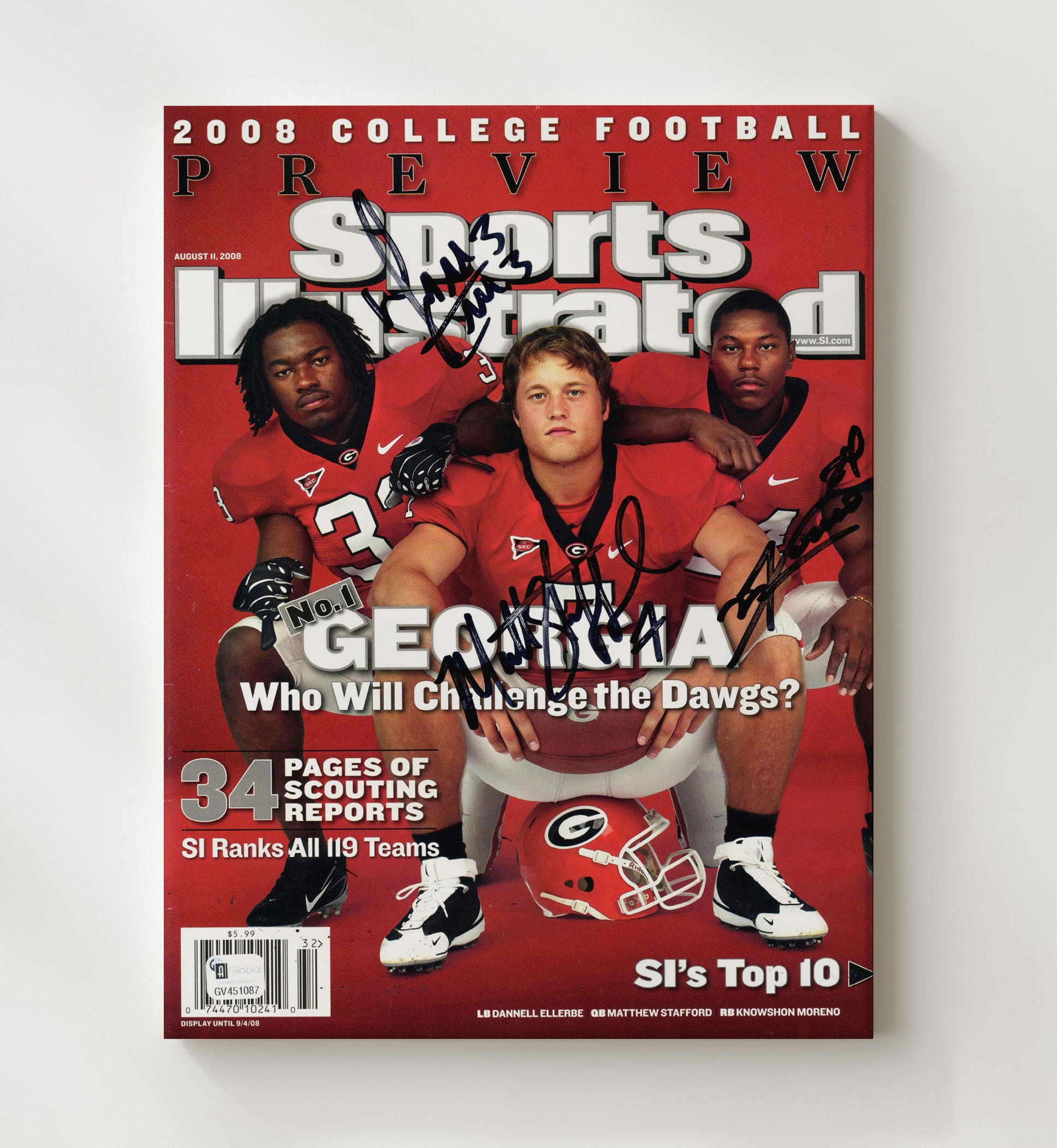 Georgia Football Stafford Moreno Ellerbe SI Preview Cover 2008 College Football Wall Art 20x24 Canvas wall art print – College Football decor