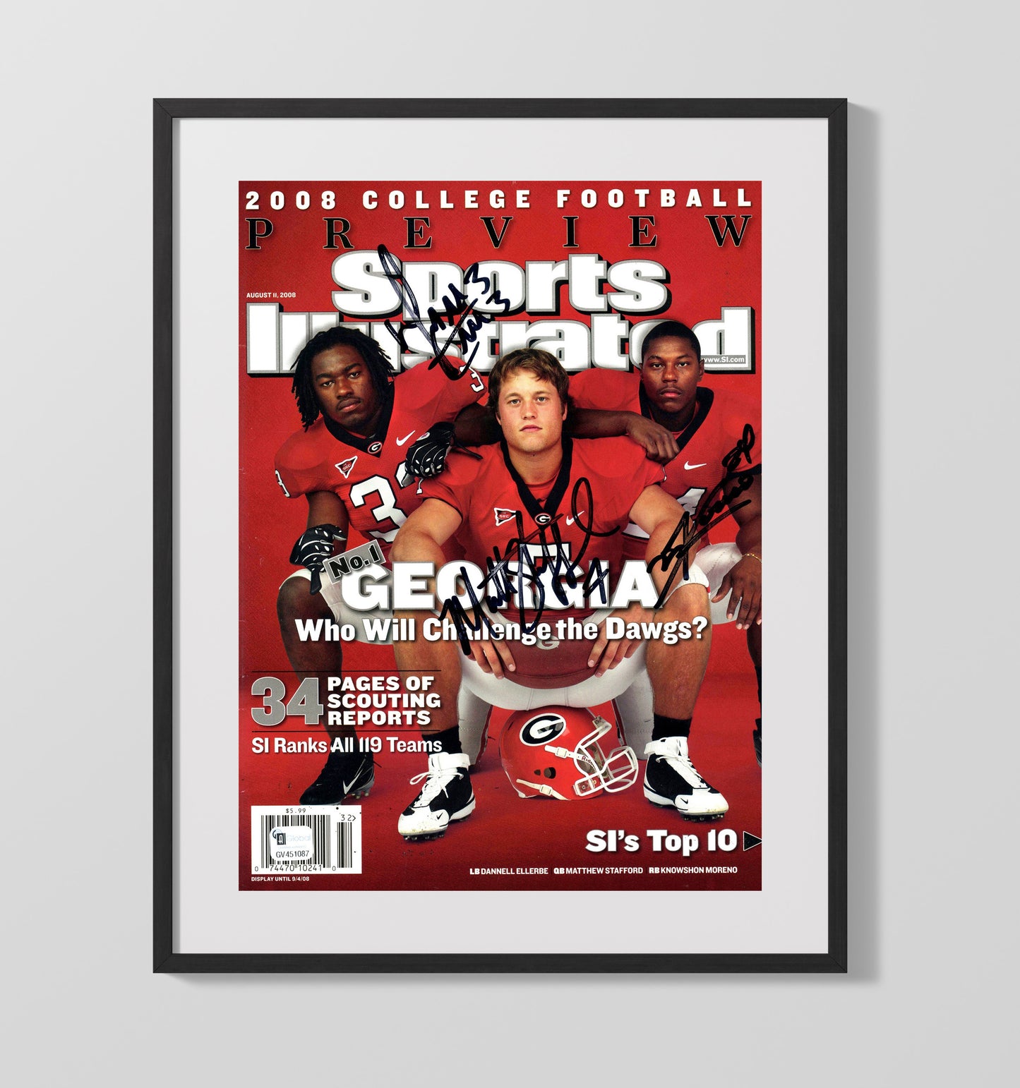 Georgia Football Stafford Moreno Ellerbe SI Preview Cover 2008 College Football Wall Art 16x20 Gallery Frame wall art print – College Football decor