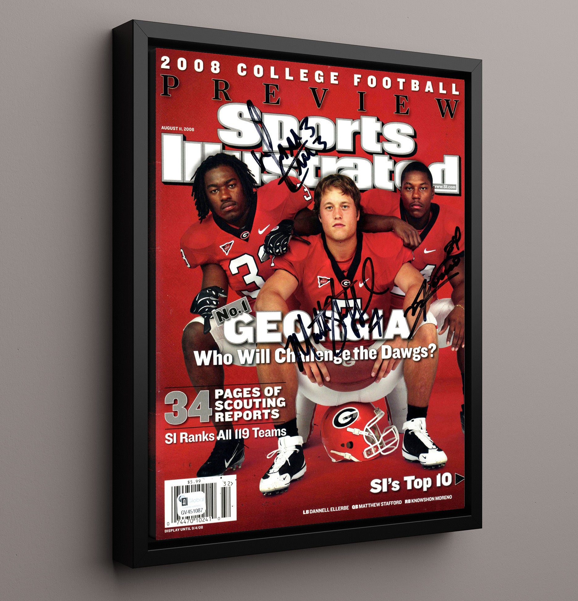 Georgia Football Stafford Moreno Ellerbe SI Preview Cover 2008 College Football Wall Art 16x20 Framed Canvas wall art print – College Football decor