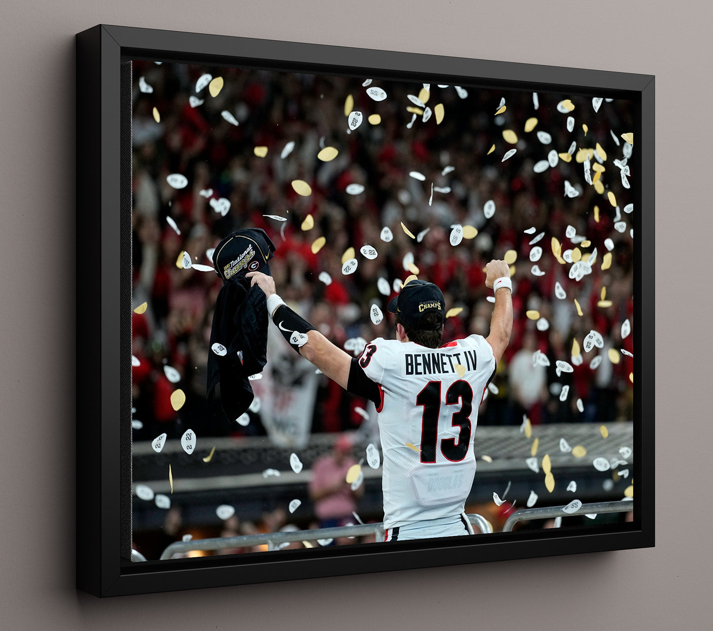 Georgia Football Stetson Bennett Celebration Moment College Football Wall Art 16x20 Framed Canvas wall art print – College Football decor