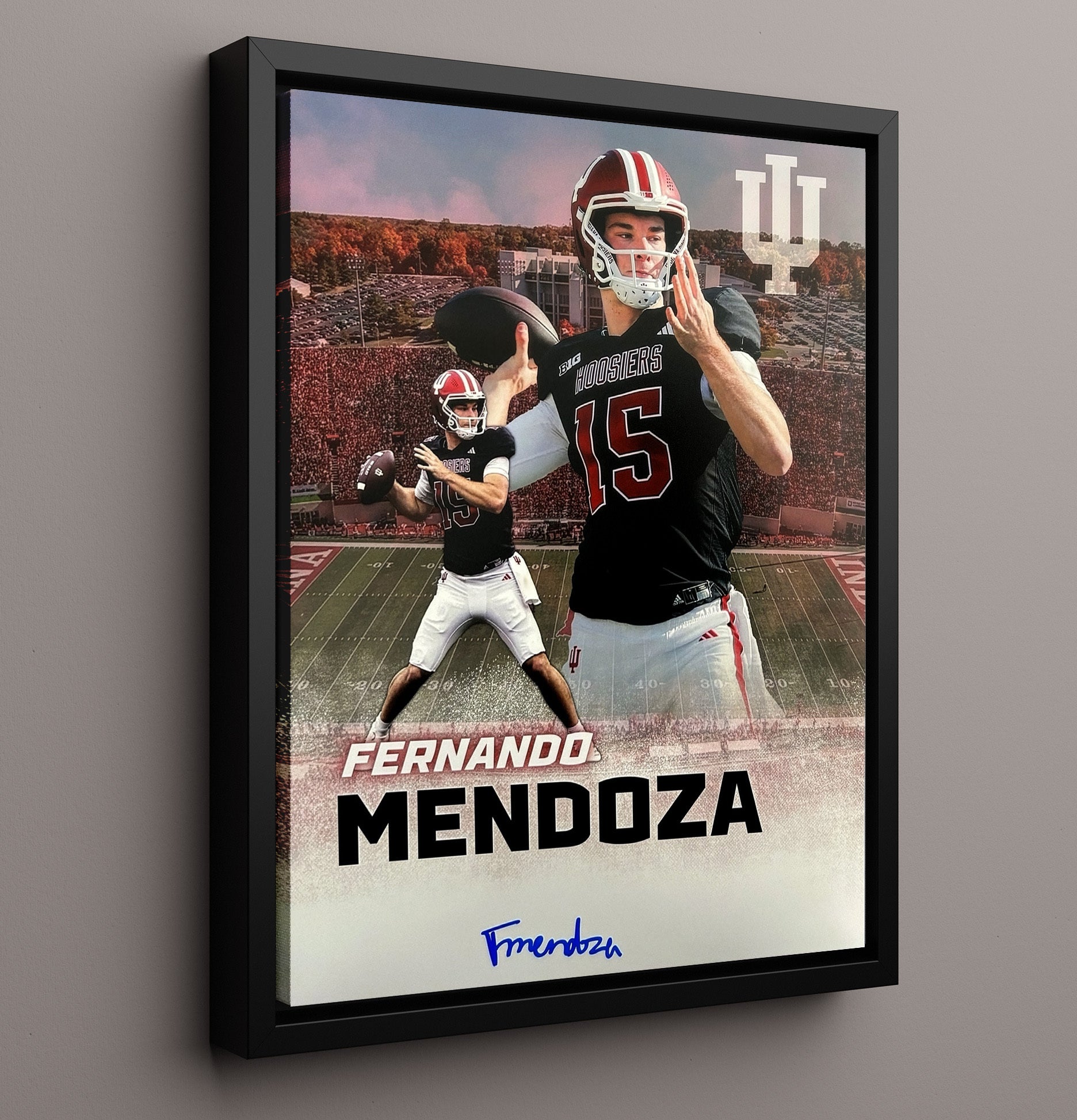 Indiana Football Fernando Mendoza Indiana Icon Dual Action Composite College Football Wall Art 16x20 Framed Canvas wall art print – College Football decor
