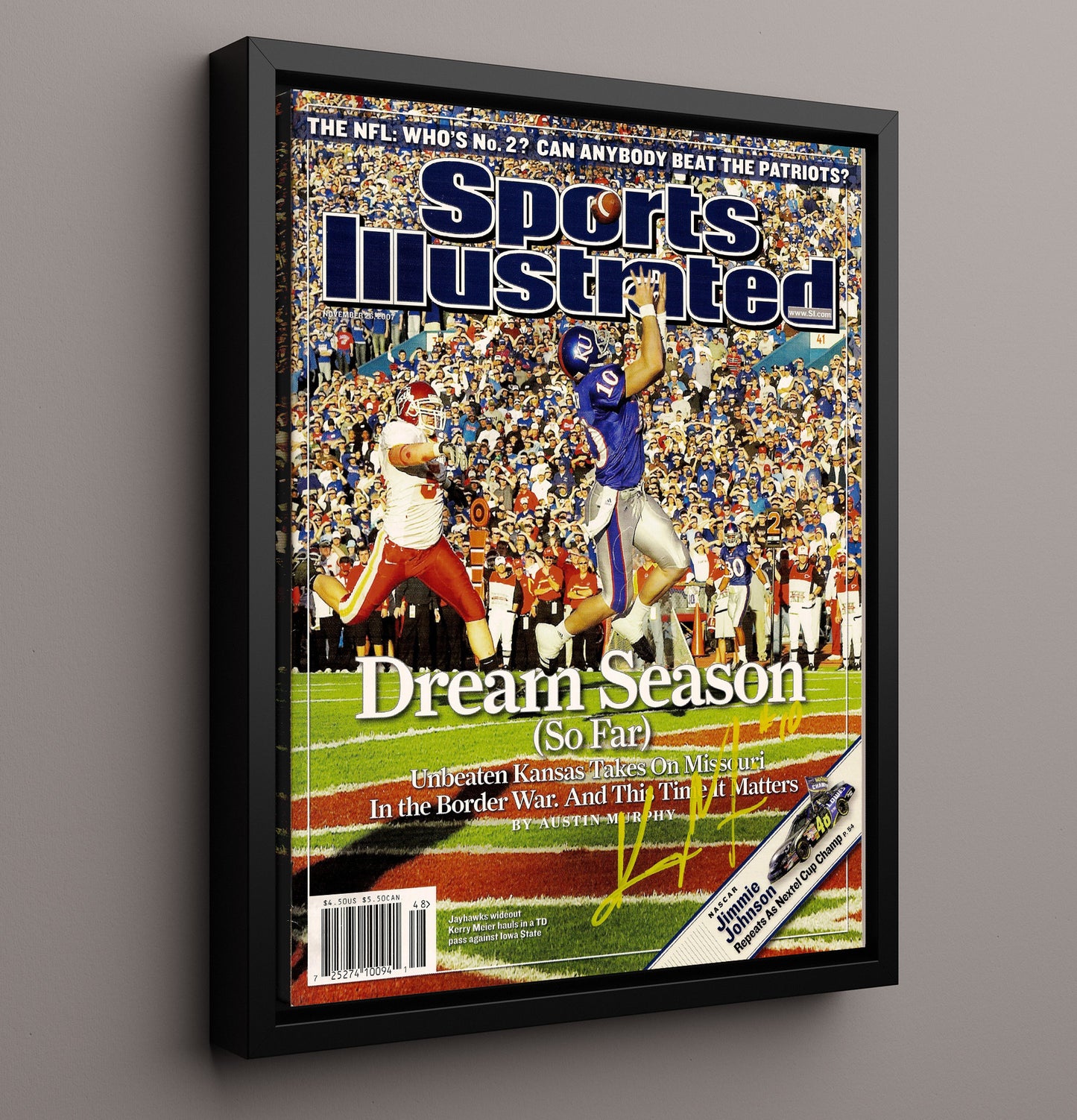 Kansas Football Dream Season SI Cover Catch Moment 2007 College Football Wall Art 16x20 Framed Canvas wall art print – College Football decor