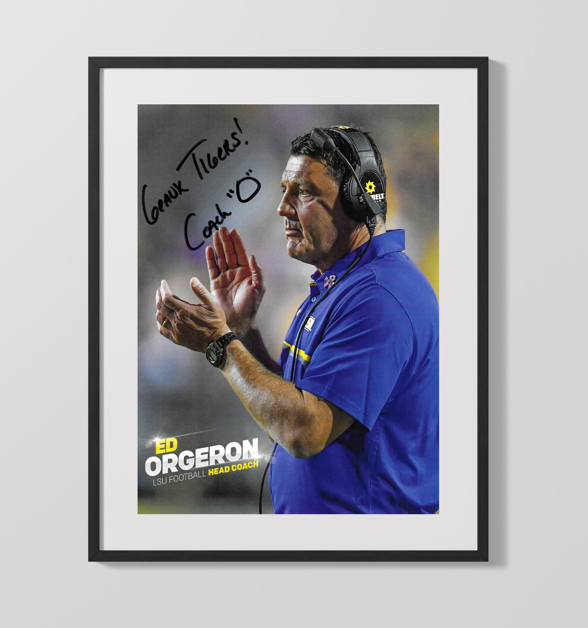 LSU Football Ed Orgeron Sideline Command Geaux Tigers College Football Wall Art 16x20 Gallery Frame wall art print – College Football decor