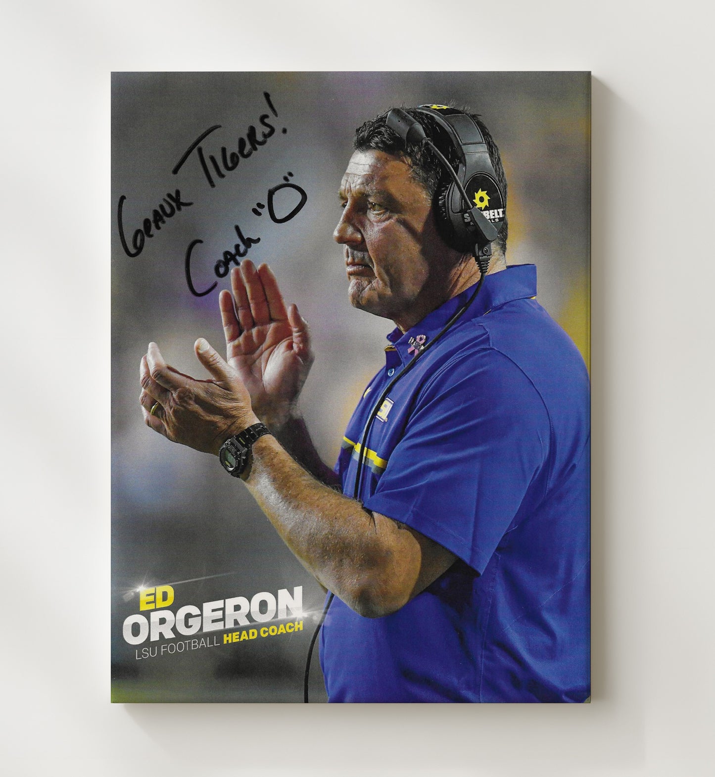 LSU Football Ed Orgeron Sideline Command Geaux Tigers College Football Wall Art 20x24 Canvas wall art print – College Football decor
