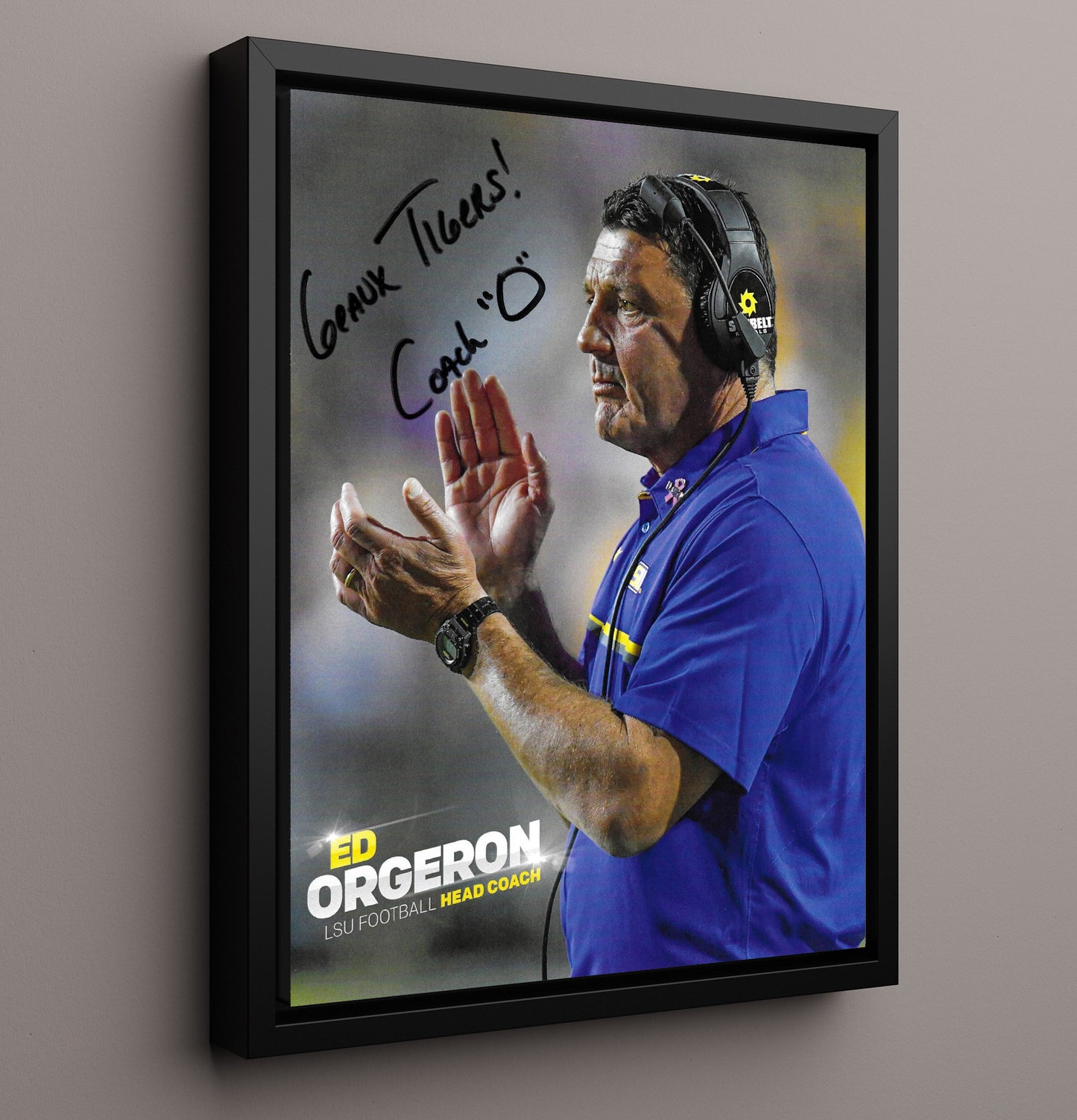 LSU Football Ed Orgeron Sideline Command Geaux Tigers College Football Wall Art 16x20 Framed Canvas wall art print – College Football decor