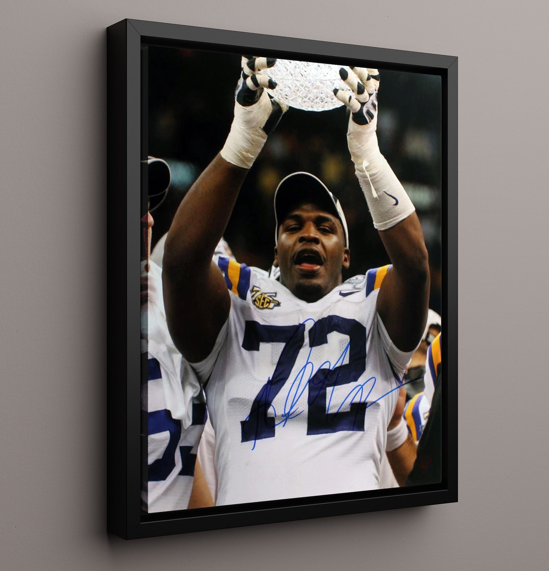 LSU Football Glenn Dorsey Trophy Celebration Crystal Glory College Football Wall Art 16x20 Framed Canvas wall art print – College Football decor