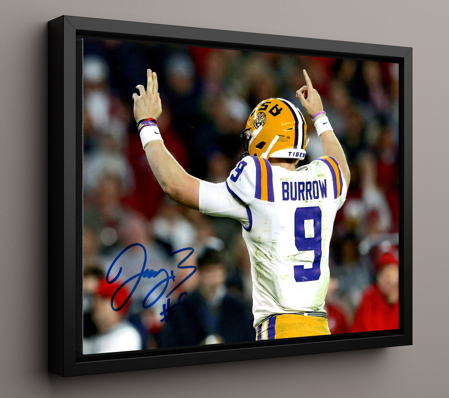 LSU Football Joe Burrow Back Jersey Victory Pose College Football Wall Art 16x20 Framed Canvas wall art print – College Football decor