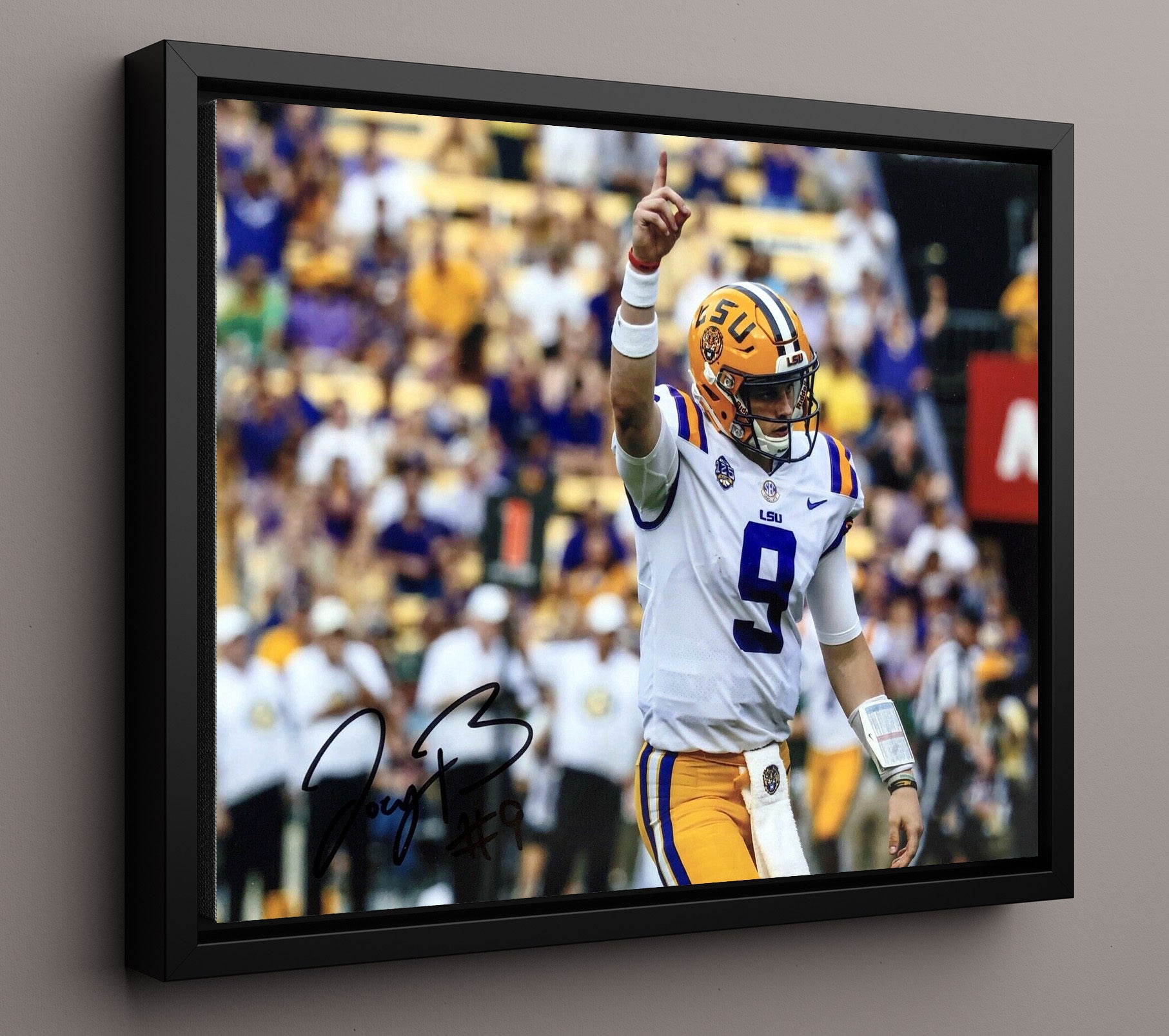 LSU Football Joe Burrow Touchdown Celebration Point College Football Wall Art 16x20 Framed Canvas wall art print – College Football decor