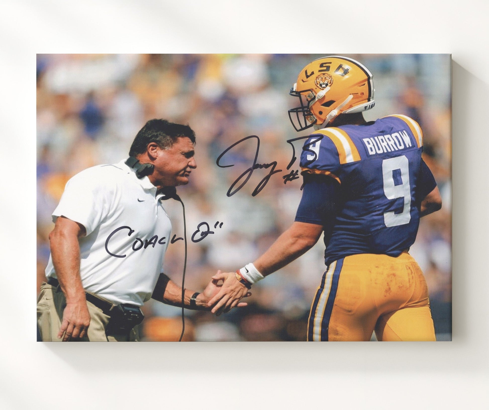 LSU Football - Joe Burrow and Ed Orgeron Championship Sideline Moment 8x10 Canvas college football wall art
