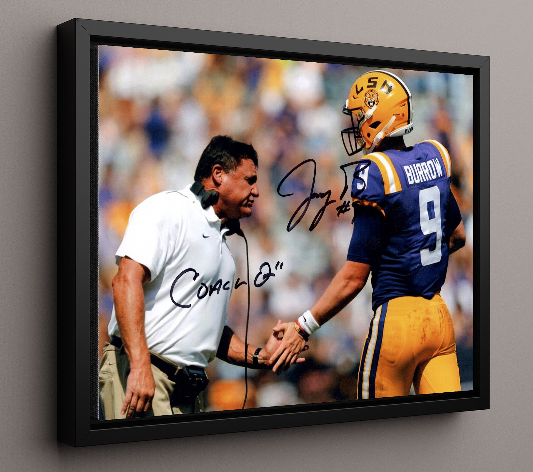 LSU Football Joe Burrow and Ed Orgeron Championship Sideline Moment College Football Wall Art 16x20 Framed Canvas wall art print – College Football decor