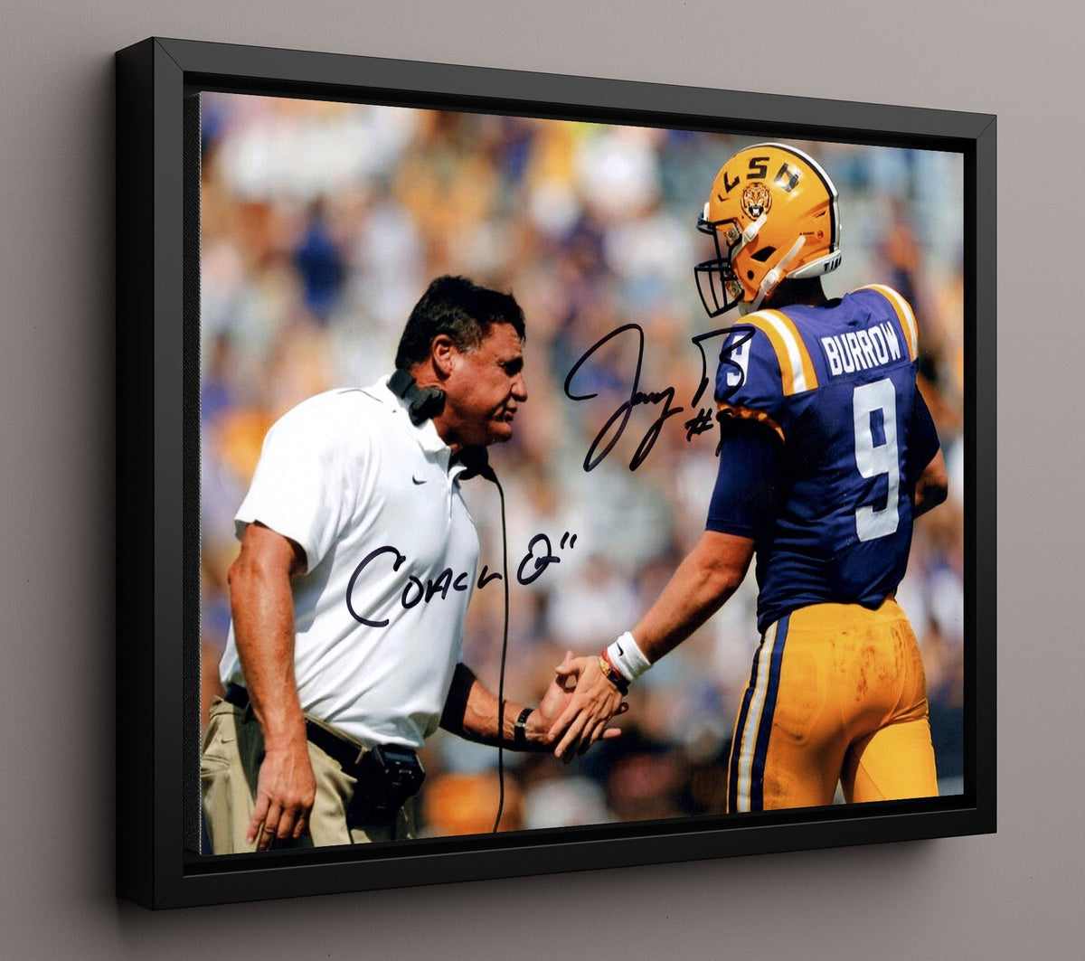LSU Football - Joe Burrow and Ed Orgeron Championship Sideline Moment 8x10 Framed Canvas college football wall art