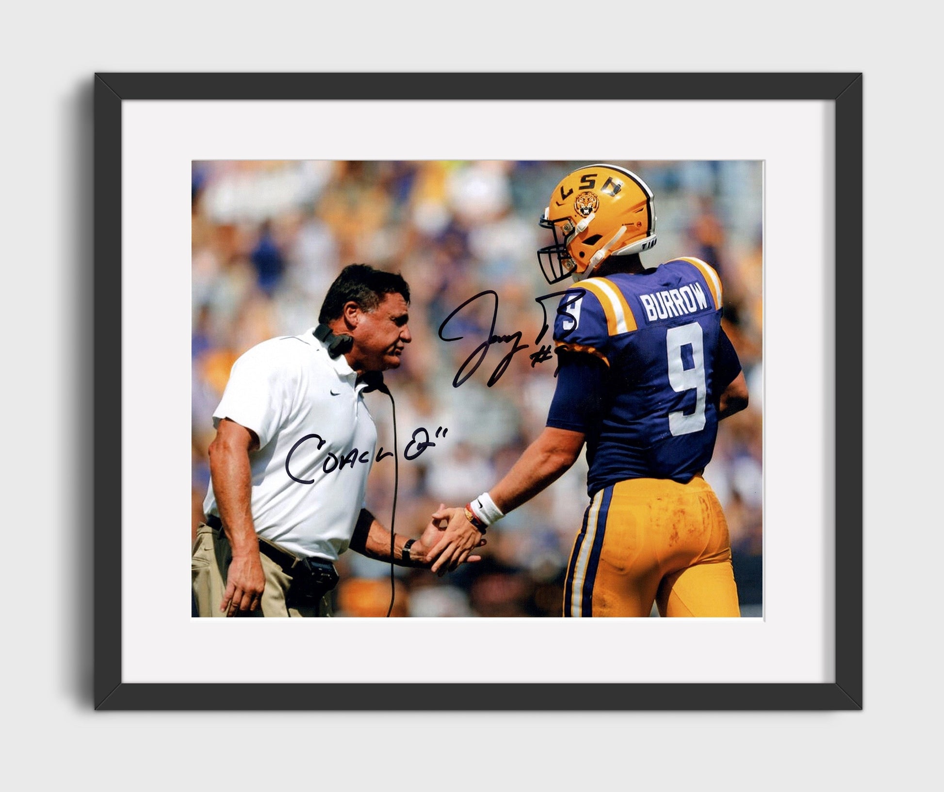 LSU Football - Joe Burrow and Ed Orgeron Championship Sideline Moment 8x10 Gallery Frame college football wall art