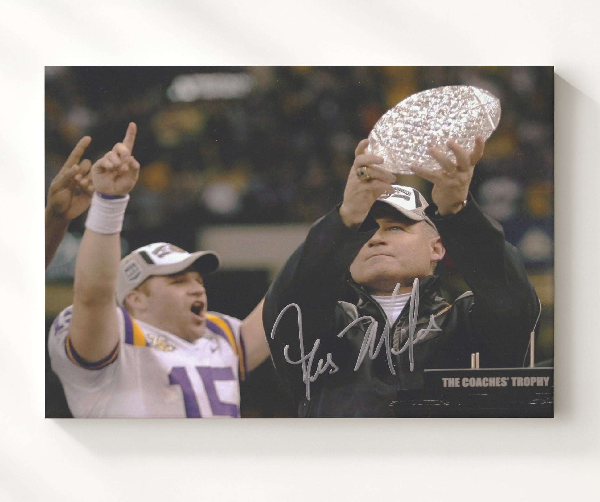 LSU Football - Les Miles Championship Trophy Lift 8x10 Canvas college football wall art