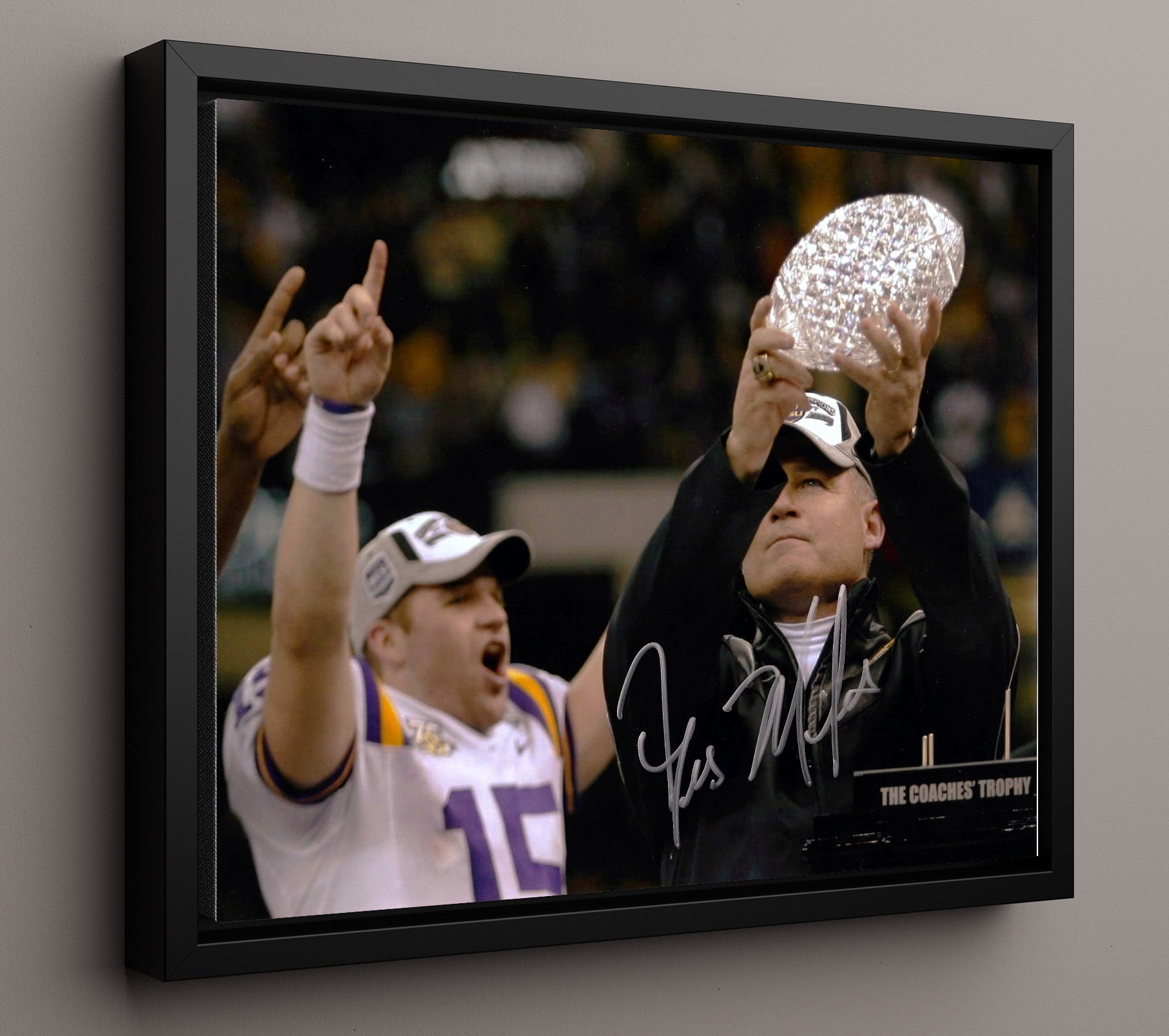 LSU Football Les Miles Championship Trophy Lift College Football Wall Art 16x20 Framed Canvas wall art print – College Football decor