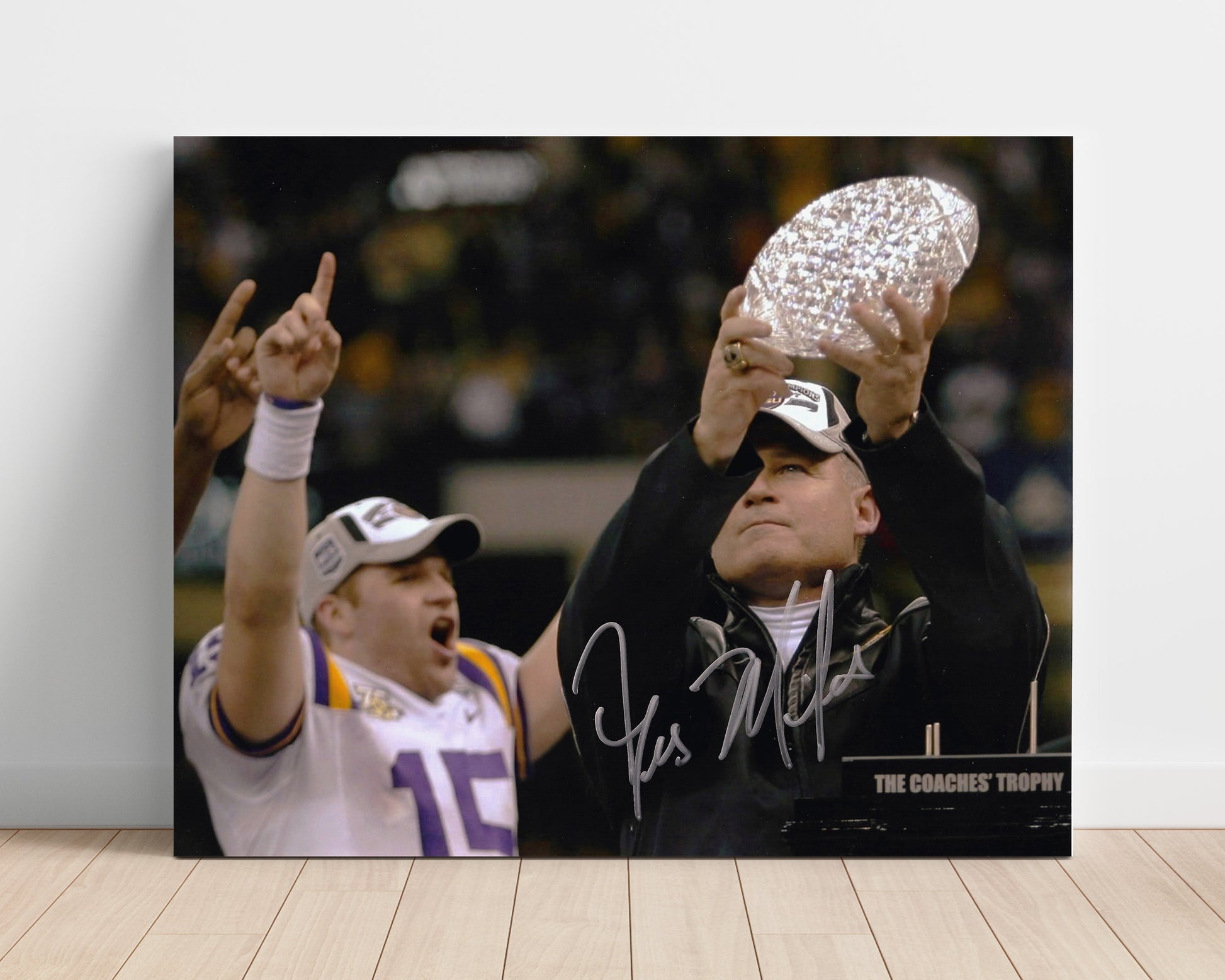 LSU Football - Les Miles Championship Trophy Lift 8x10 Unframed Print college football wall art