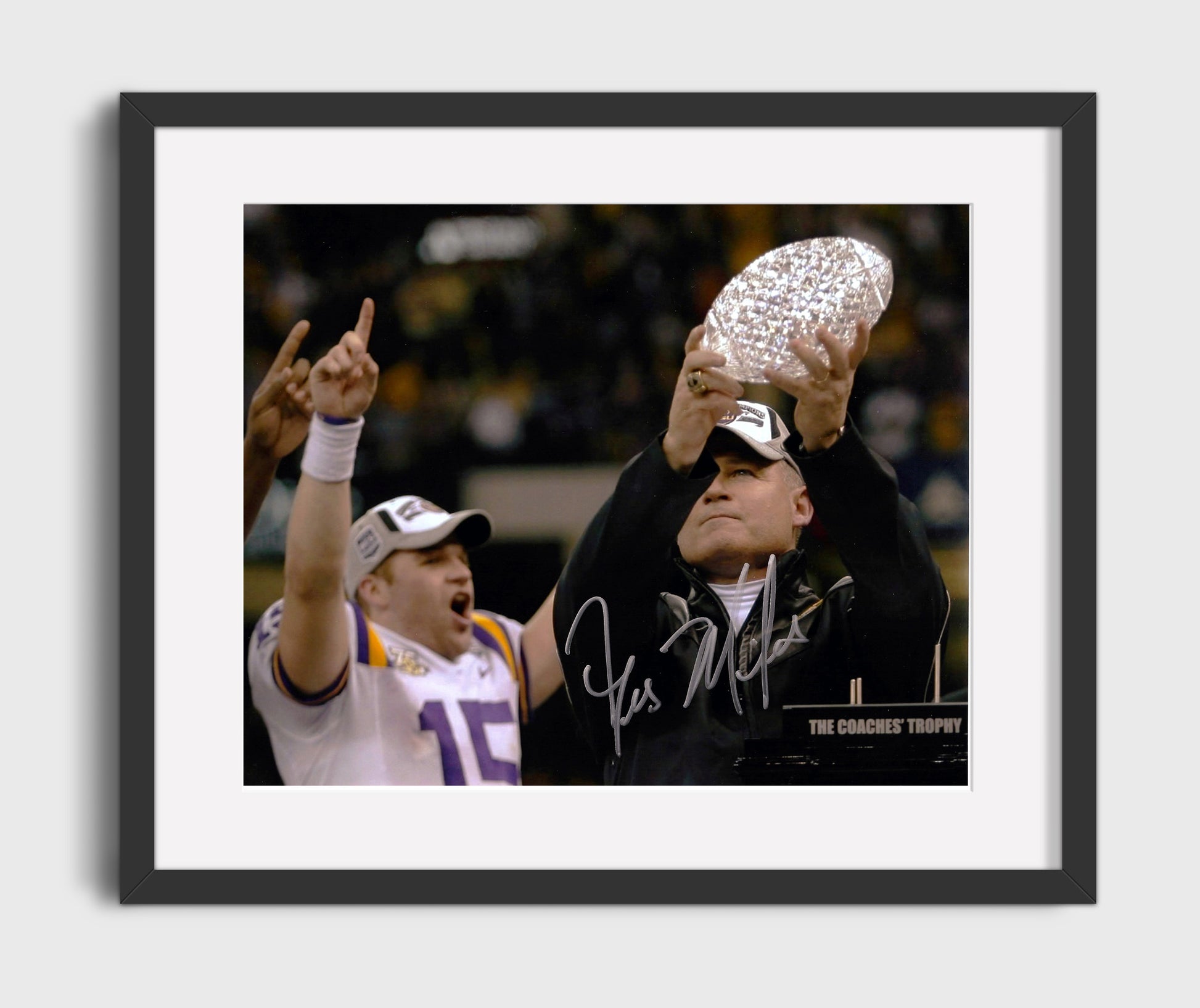 LSU Football Les Miles Championship Trophy Lift College Football Wall Art 16x20 Gallery Frame wall art print – College Football decor