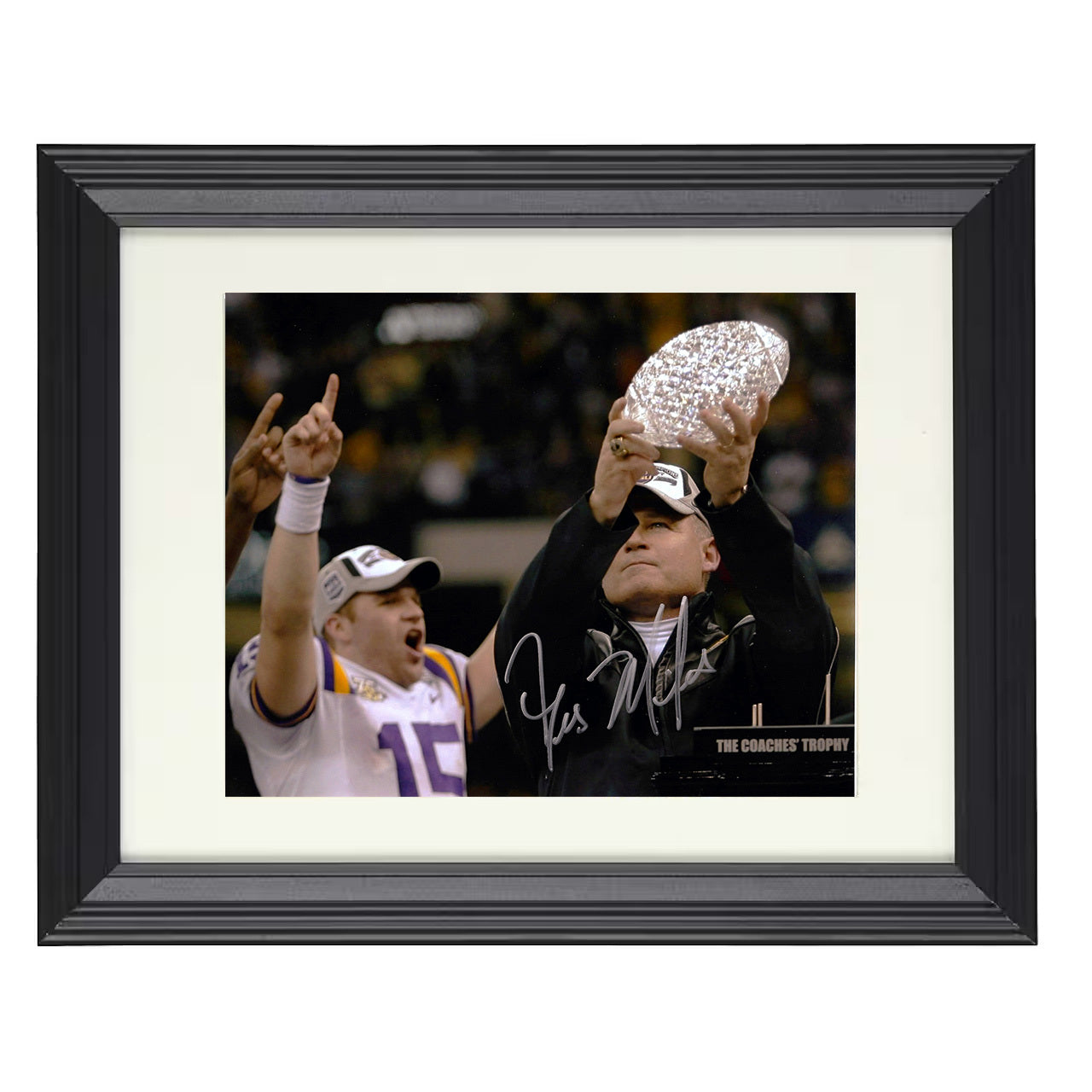 LSU Football - Les Miles Championship Trophy Lift 8x10 Beveled Frame college football wall art
