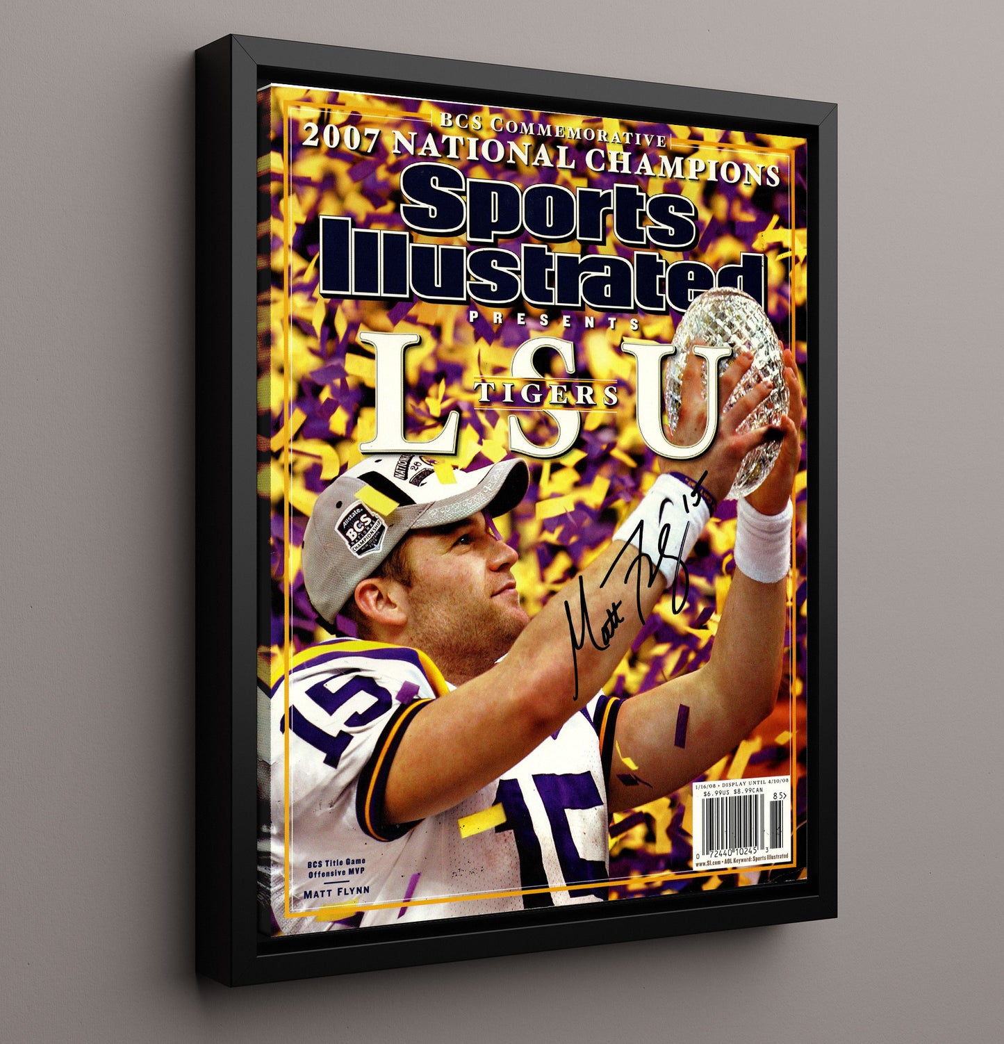 LSU Football Matt Flynn BCS National Championship Trophy Celebration 2007 SI College Football 16x20 Framed Canvas wall art print – College Football decor