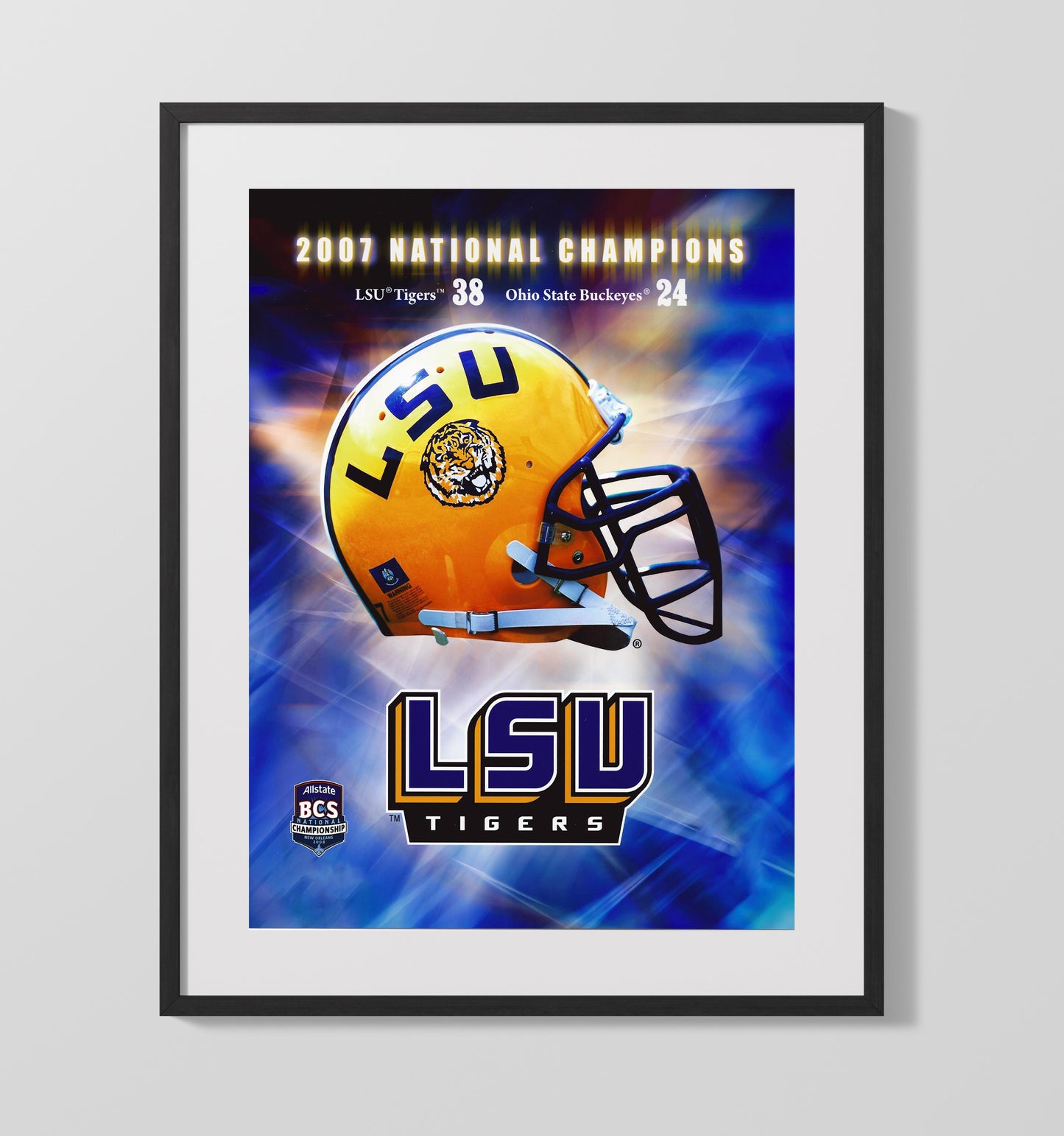 LSU Football National Championship Helmet Display 2007 College Football Wall Art 16x20 Gallery Frame wall art print – College Football decor