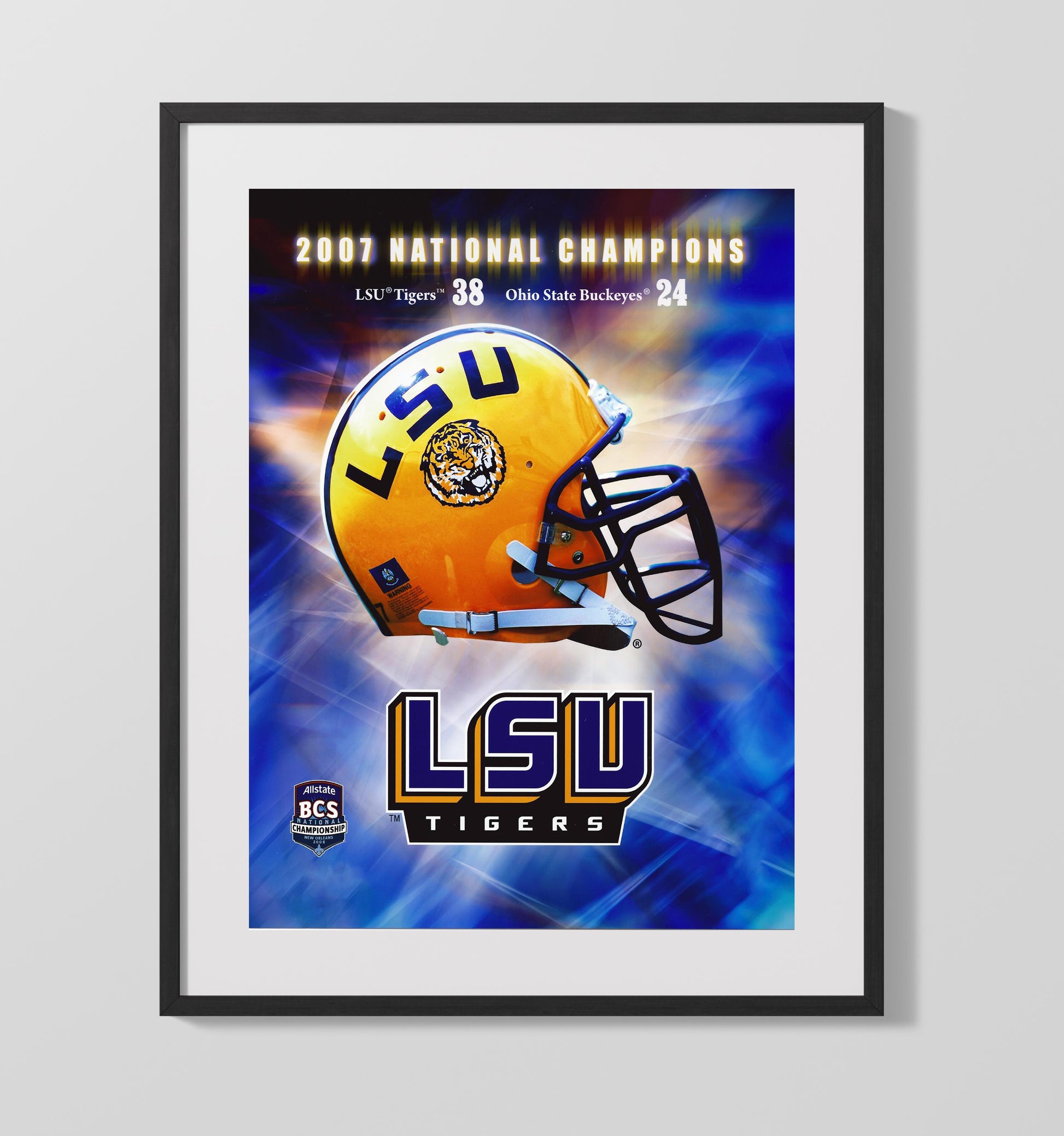 LSU Football National Championship Helmet Display 2007 College Football Wall Art 16x20 Gallery Frame wall art print – College Football decor