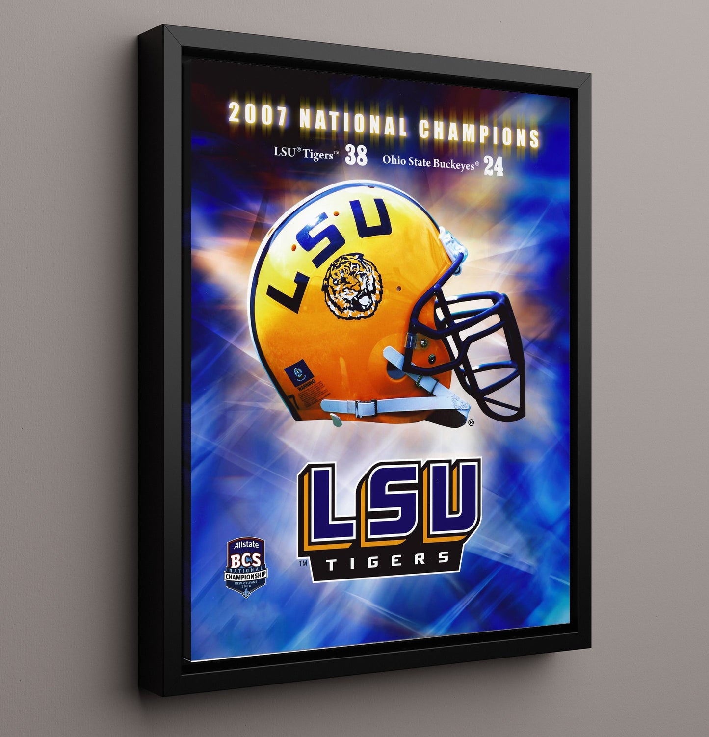 LSU Football National Championship Helmet Display 2007 College Football Wall Art 16x20 Framed Canvas wall art print – College Football decor