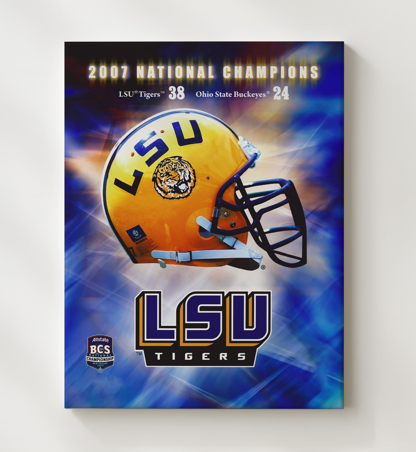 LSU Football National Championship Helmet Display 2007 College Football Wall Art 20x24 Canvas wall art print – College Football decor