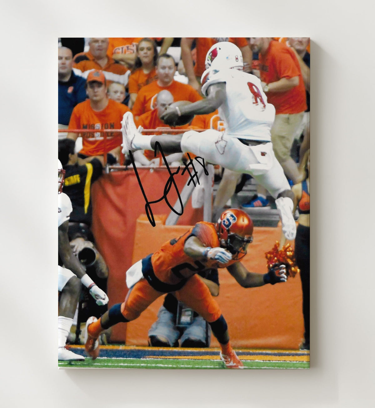 Louisville Football - Lamar Jackson Airborne End Zone Leap 8x10 Canvas college football wall art