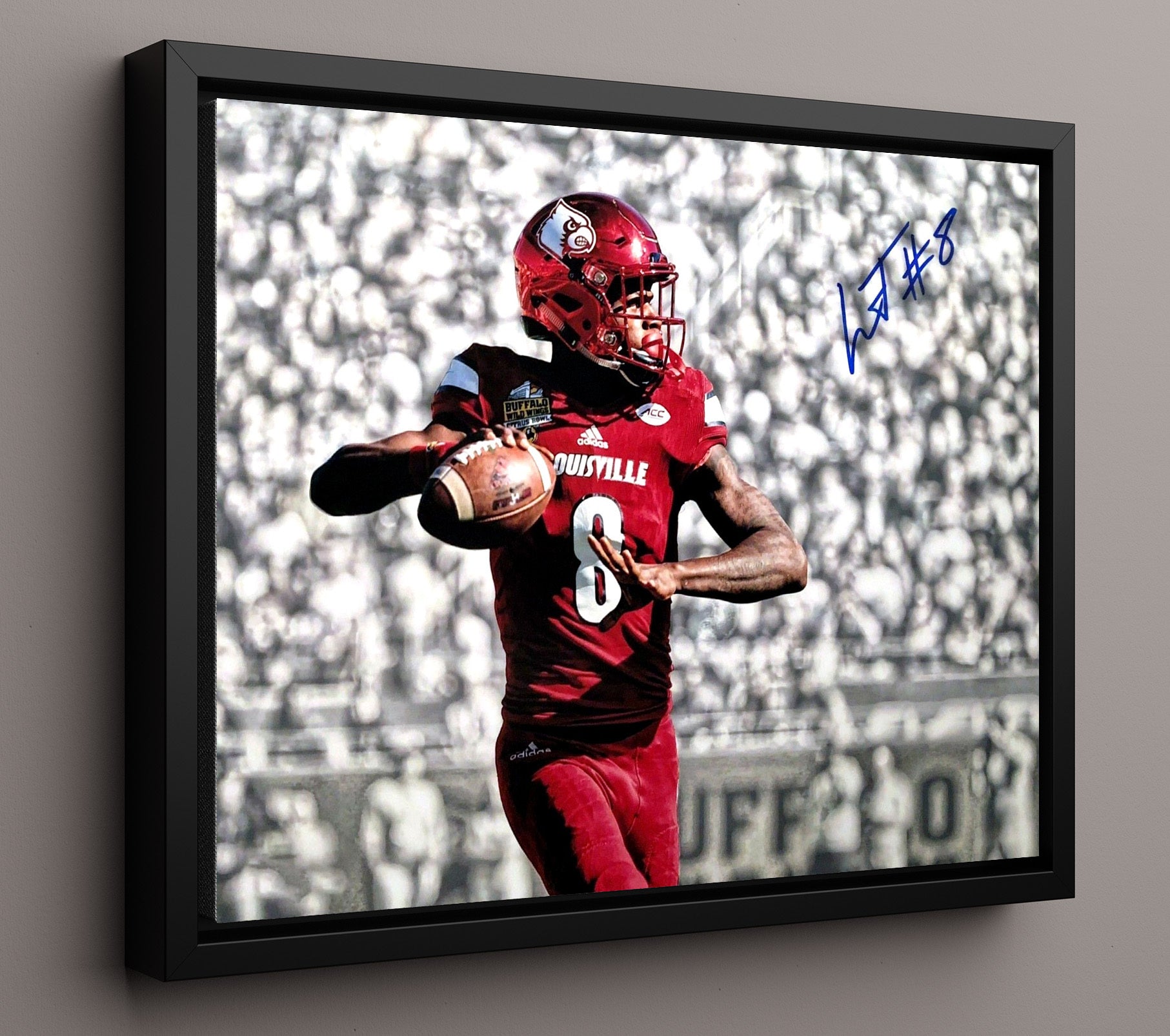 Louisville Football - Lamar Jackson Drop Back Heisman Motion 8x10 Framed Canvas college football wall art
