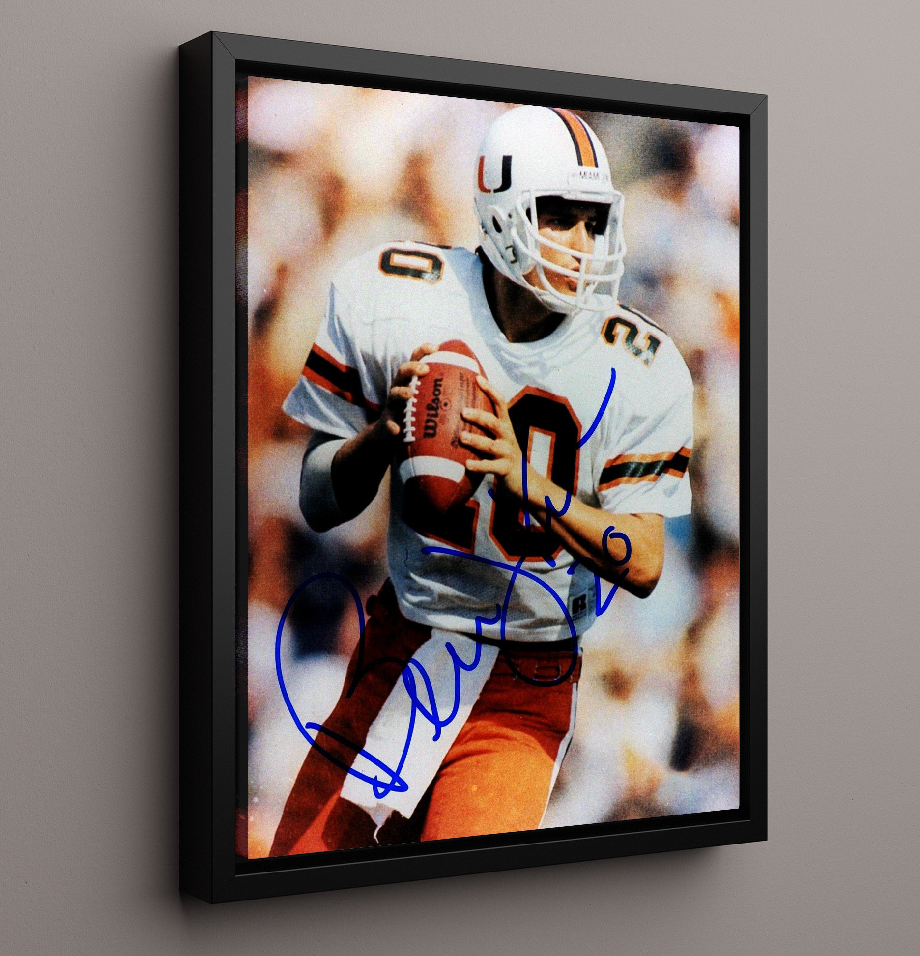 Miami Football Bernie Kosar Miami Legend Classic Dropback College Football Wall Art 16x20 Framed Canvas wall art print – College Football decor