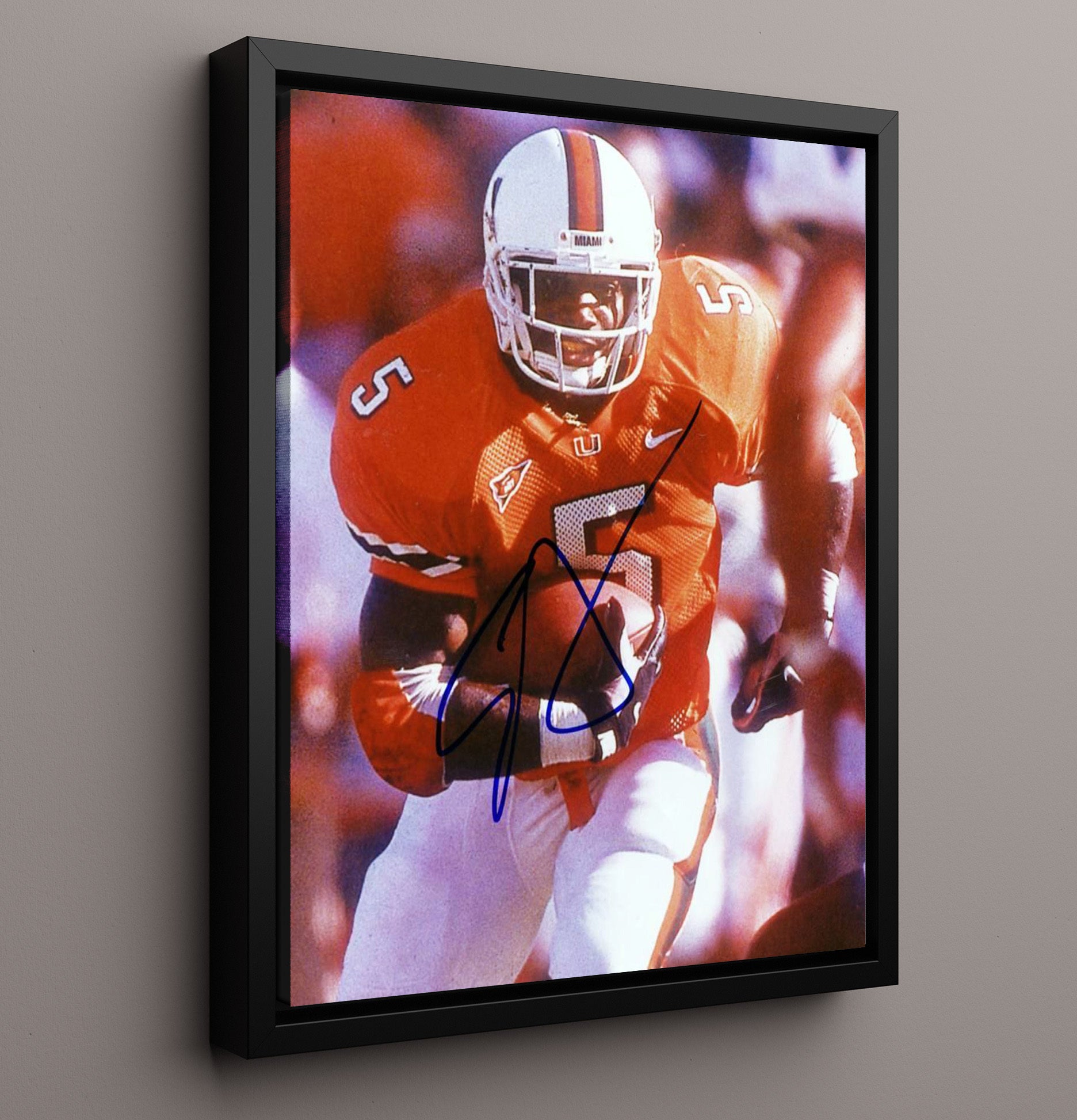 Miami Football Edgerrin James Miami Legend Explosive Run College Football Wall Art 16x20 Framed Canvas wall art print – College Football decor