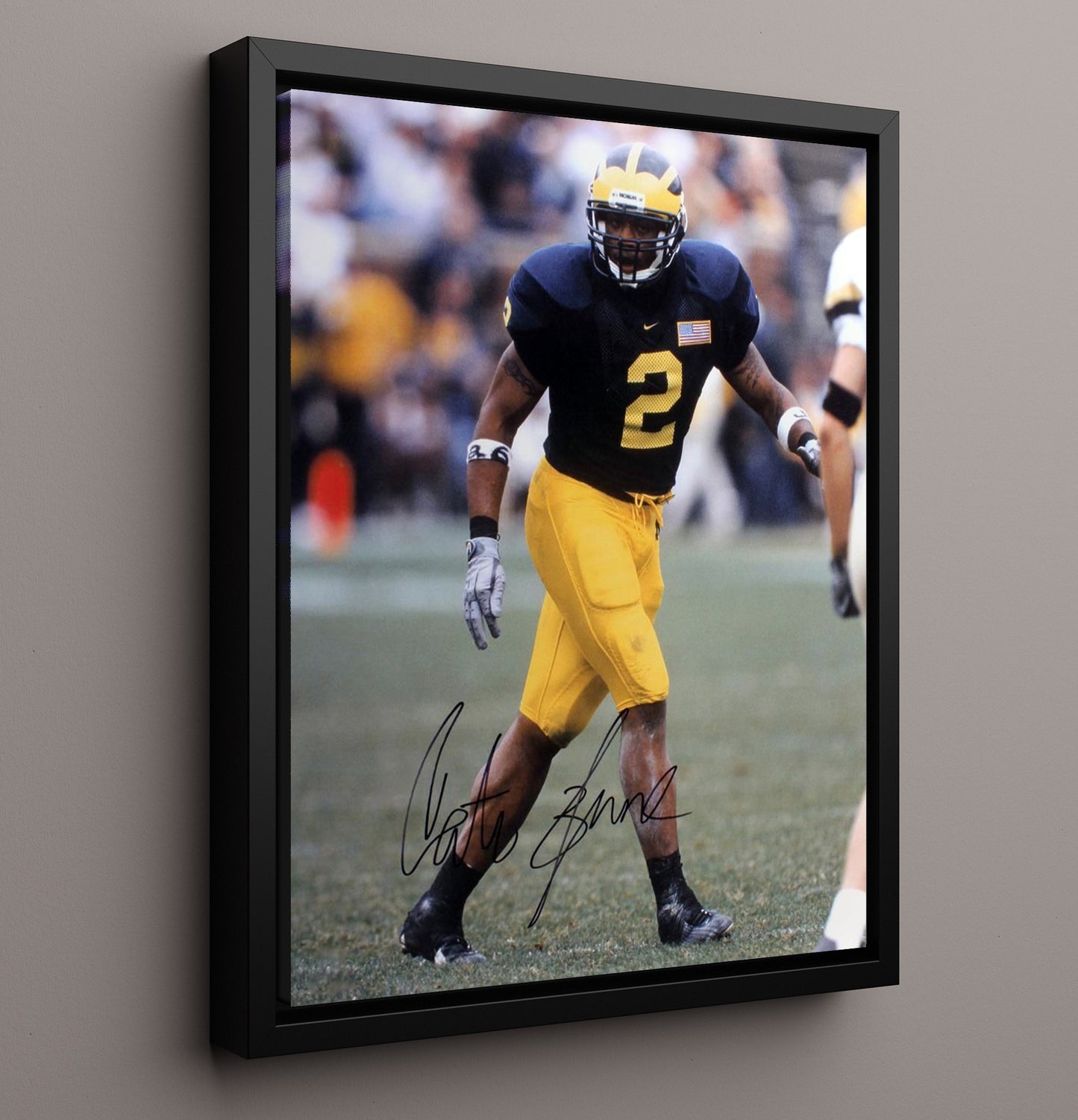 Michigan Football Cato June Defensive Presence College Football Wall Art 16x20 Framed Canvas wall art print – College Football decor