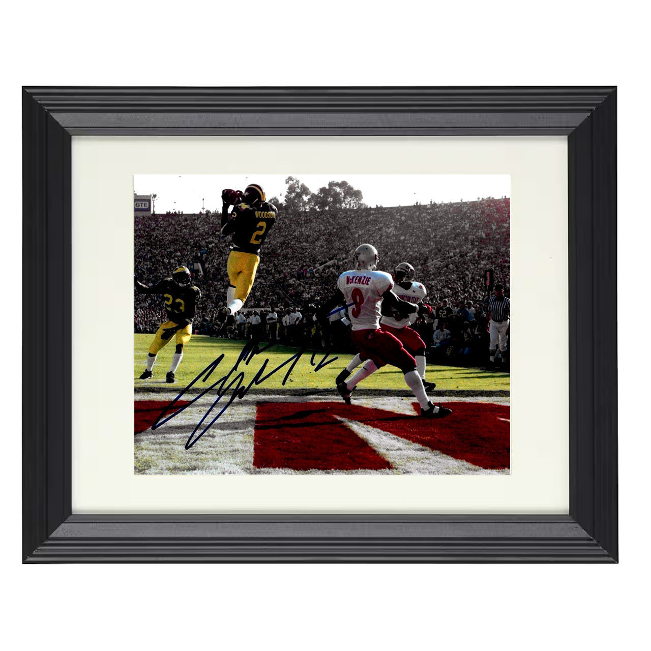 Michigan Football Charles Woodson Leaping Interception 8x10 black beveled frame college football wall art
