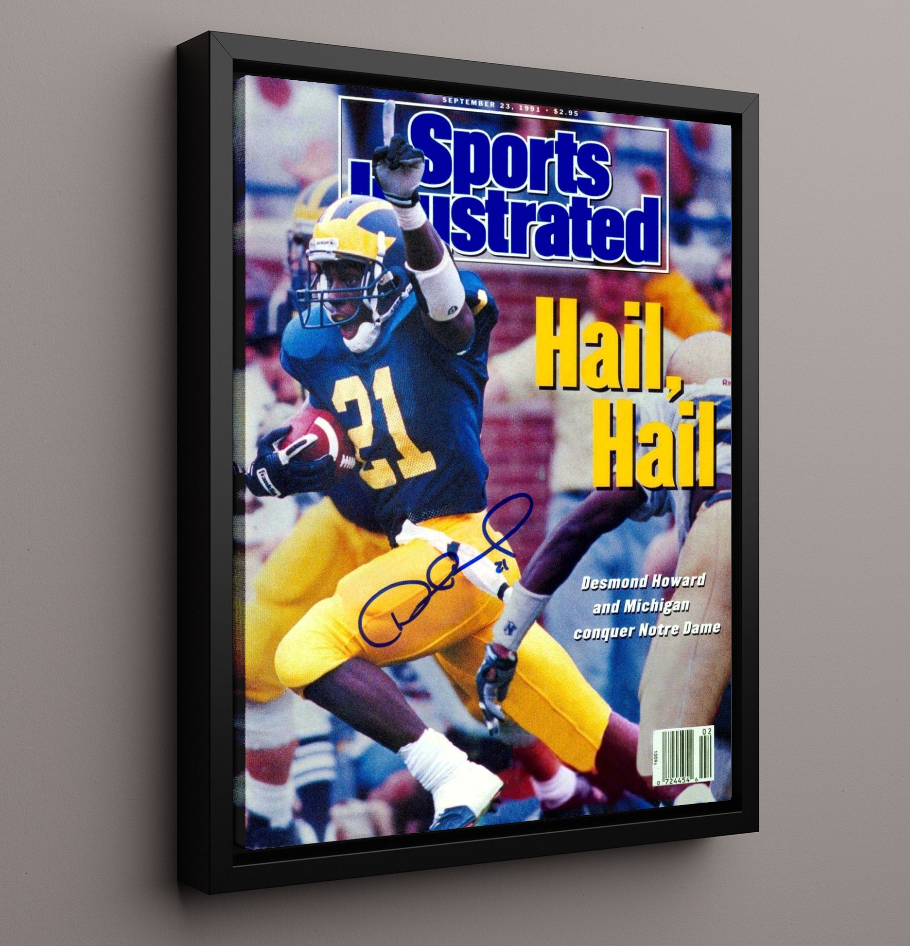 Michigan Football Desmond Howard Heisman Run Hail Hail SI Cover College Football Wall Art 16x20 Framed Canvas wall art print – College Football decor
