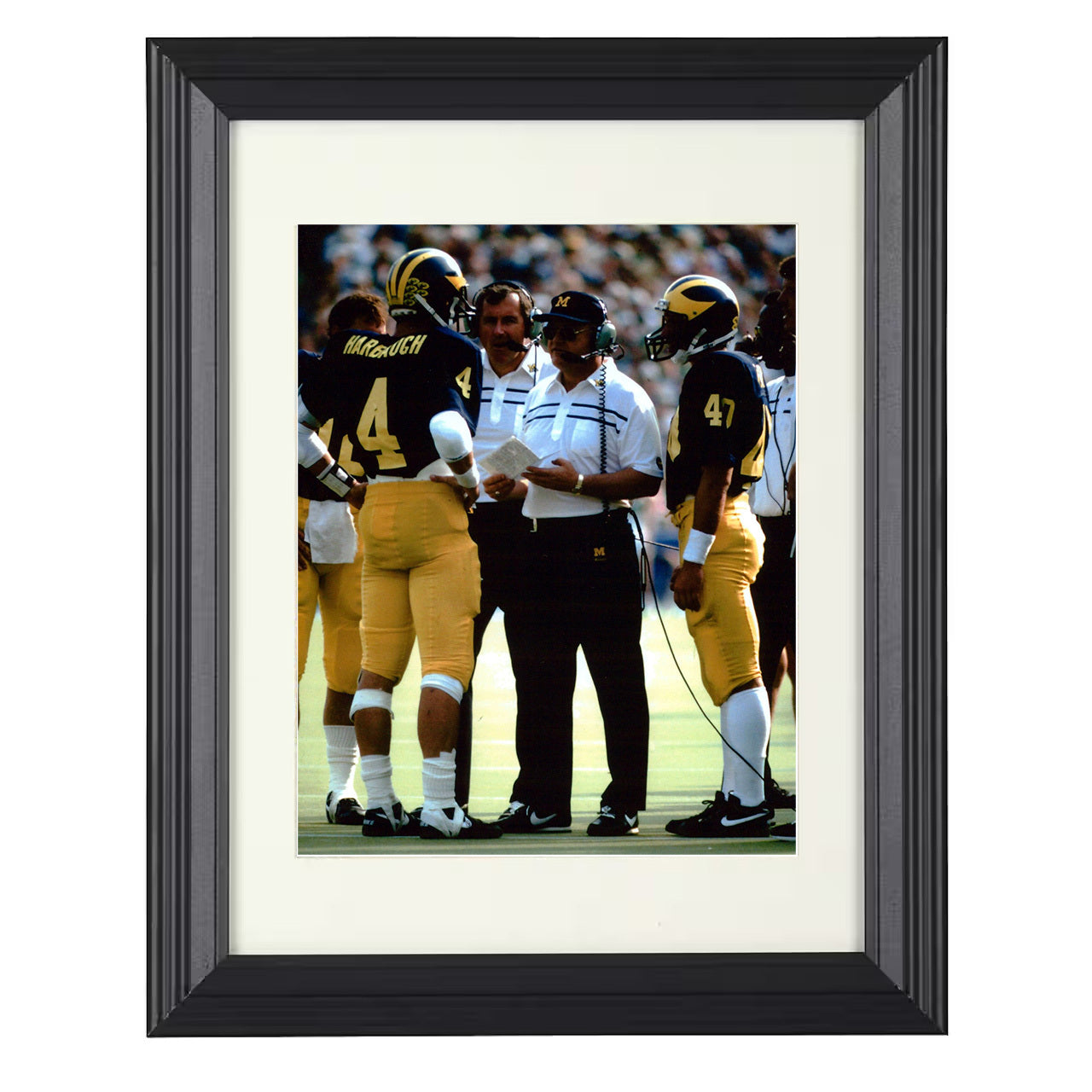 Michigan Football Harbaugh Sideline Strategy with Coach 8x10 black beveled frame college football wall art