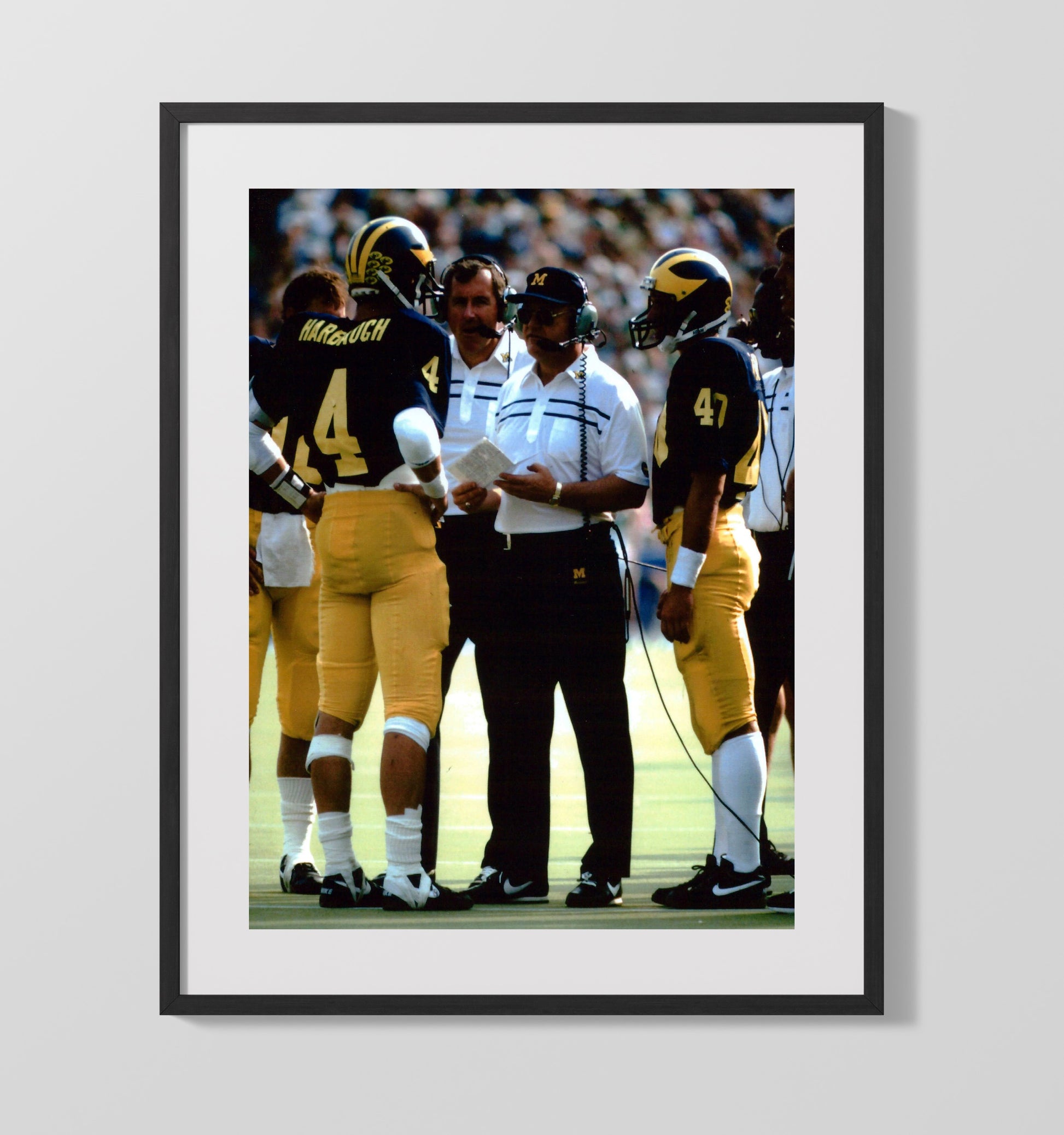 Michigan Football - Harbaugh Sideline Strategy with Coach 8x10 Gallery Frame college football wall art