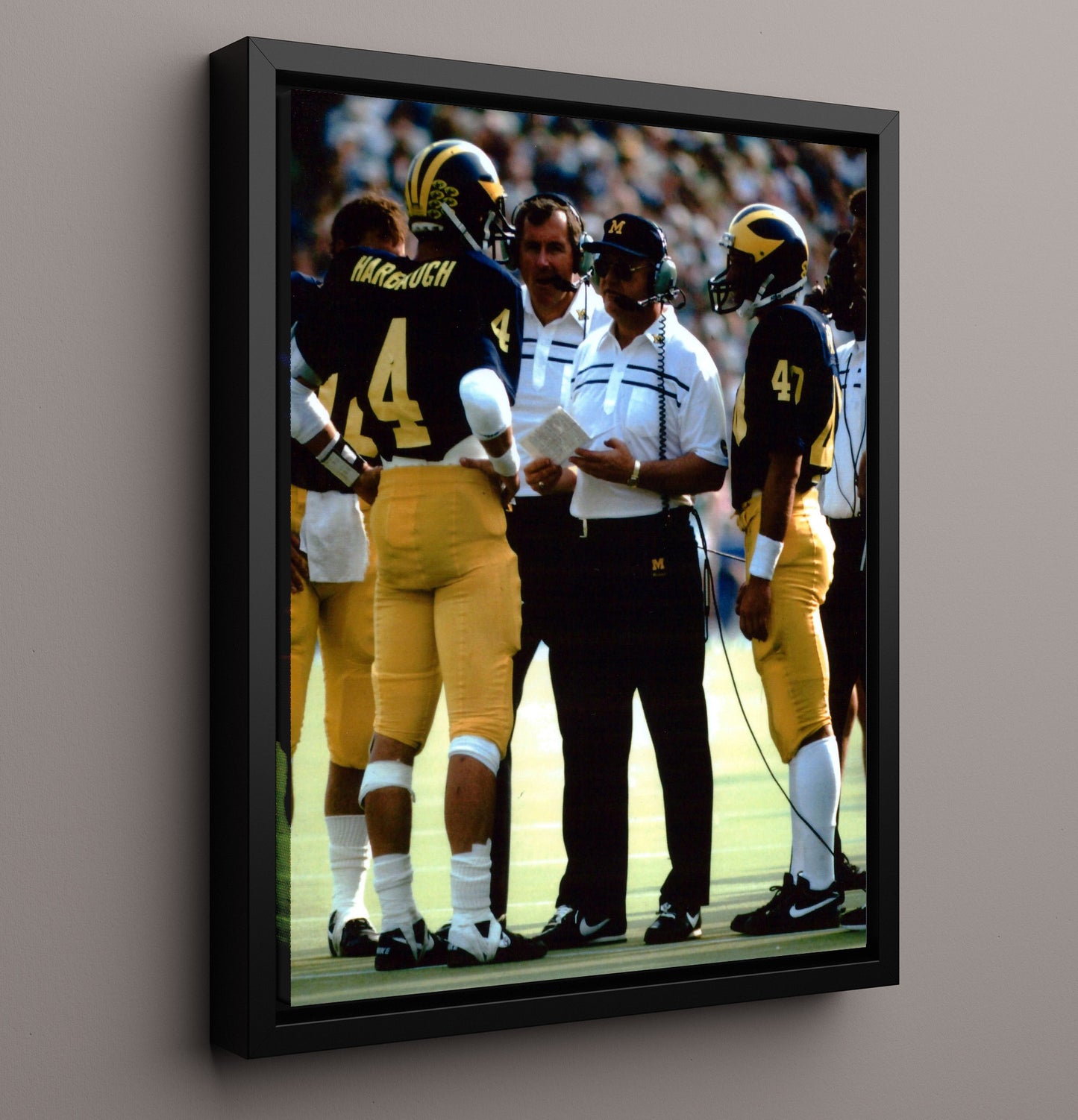 Michigan Football - Harbaugh Sideline Strategy with Coach 8x10 Framed Canvas college football wall art