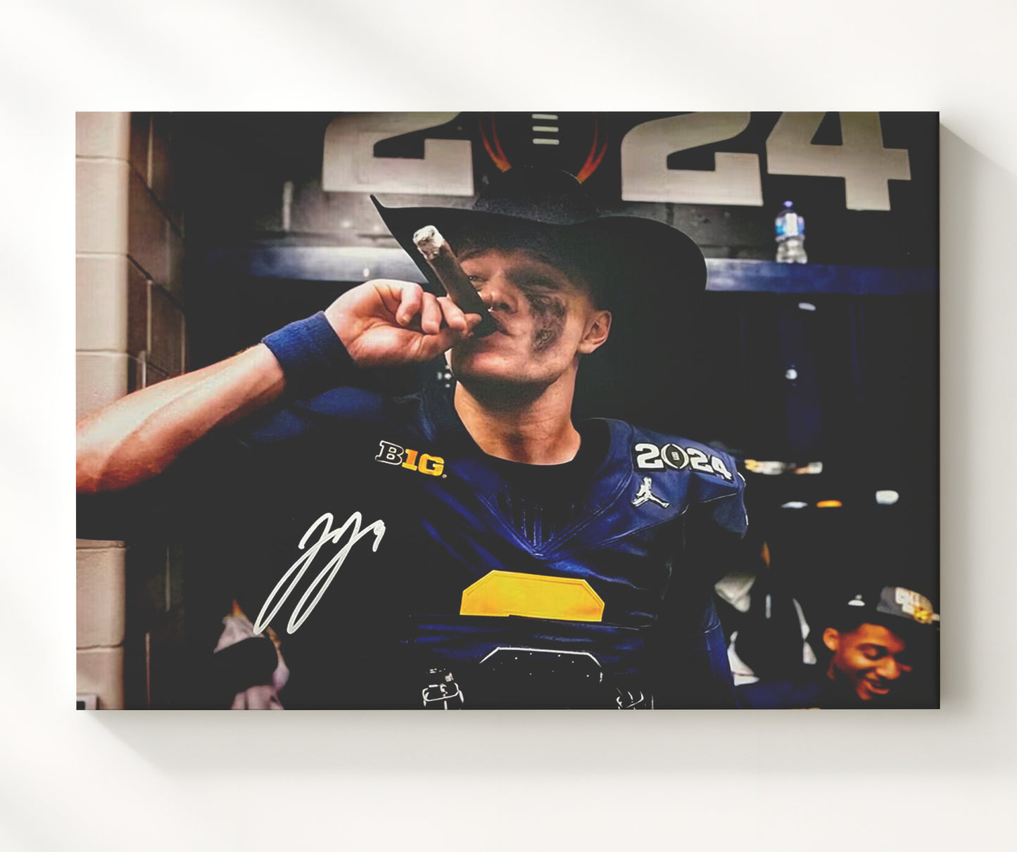Michigan Football JJ McCarthy Cigar CelebrationVictory Smoke College Football Wall Art 20x24 Canvas wall art print – College Football decor
