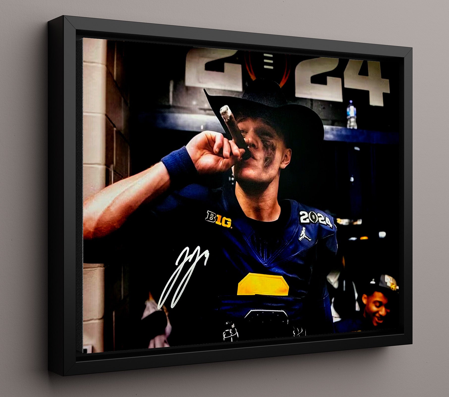 Michigan Football JJ McCarthy Cigar CelebrationVictory Smoke College Football Wall Art 16x20 Framed Canvas wall art print – College Football decor
