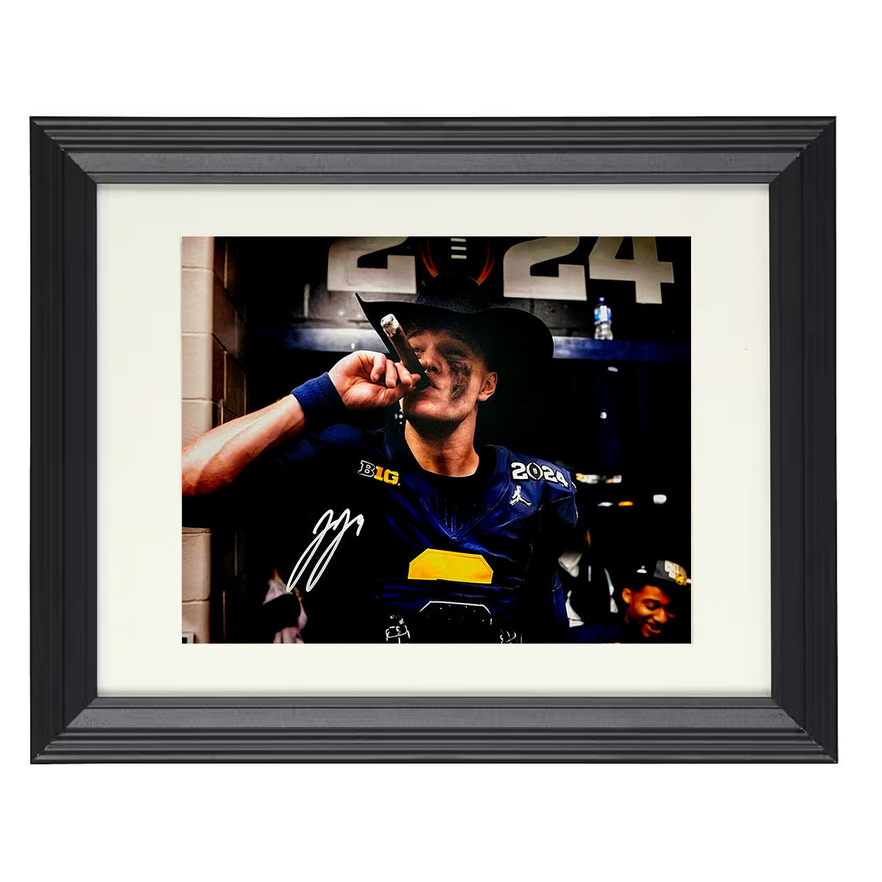 Michigan JJ McCarthy Cigar Celebration Victory Smoke 8x10 black beveled frame college football wall art