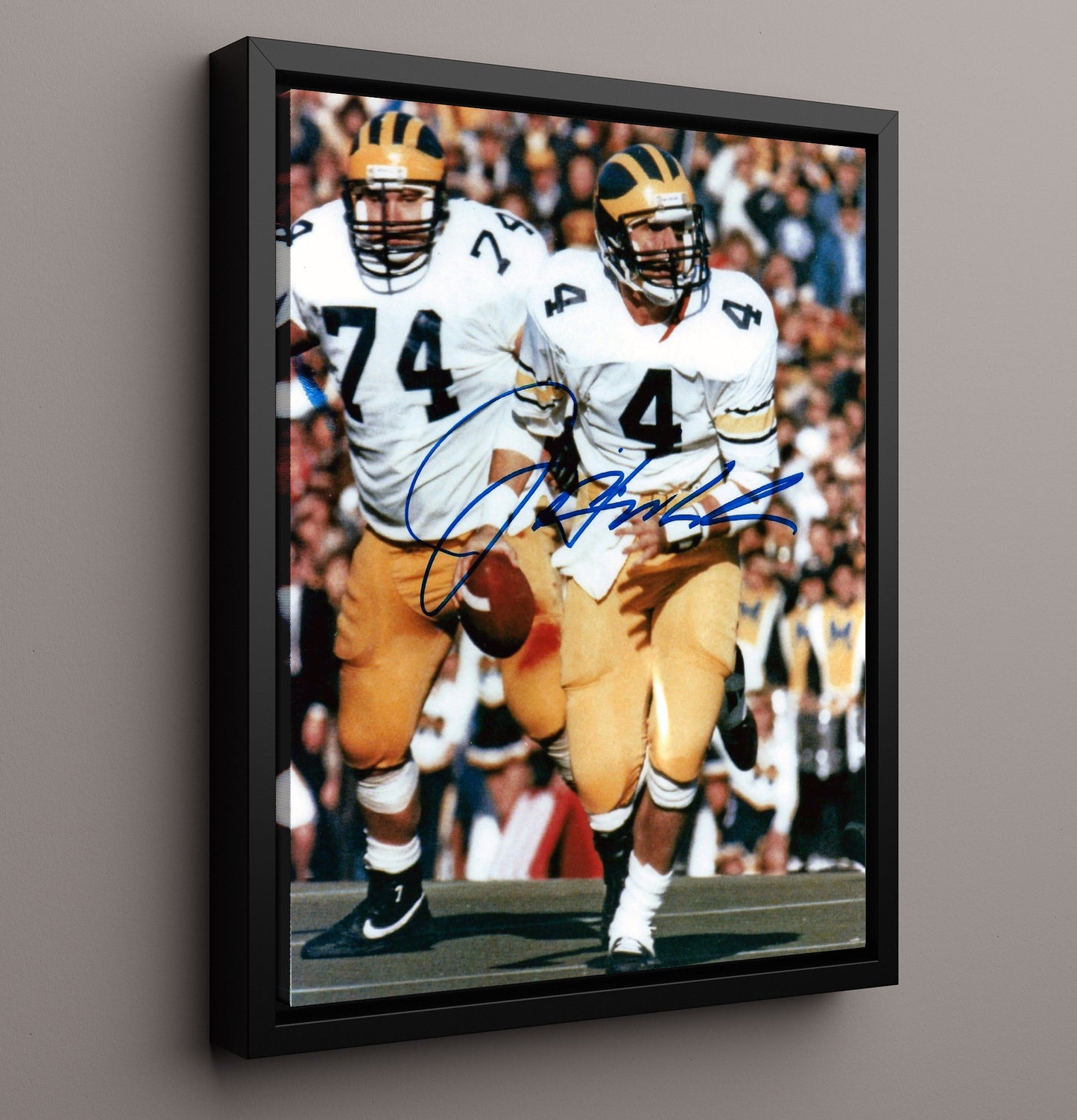 Michigan Football Jim Harbaugh QB Leadership Run College Football Wall Art 16x20 Framed Canvas wall art print – College Football decor