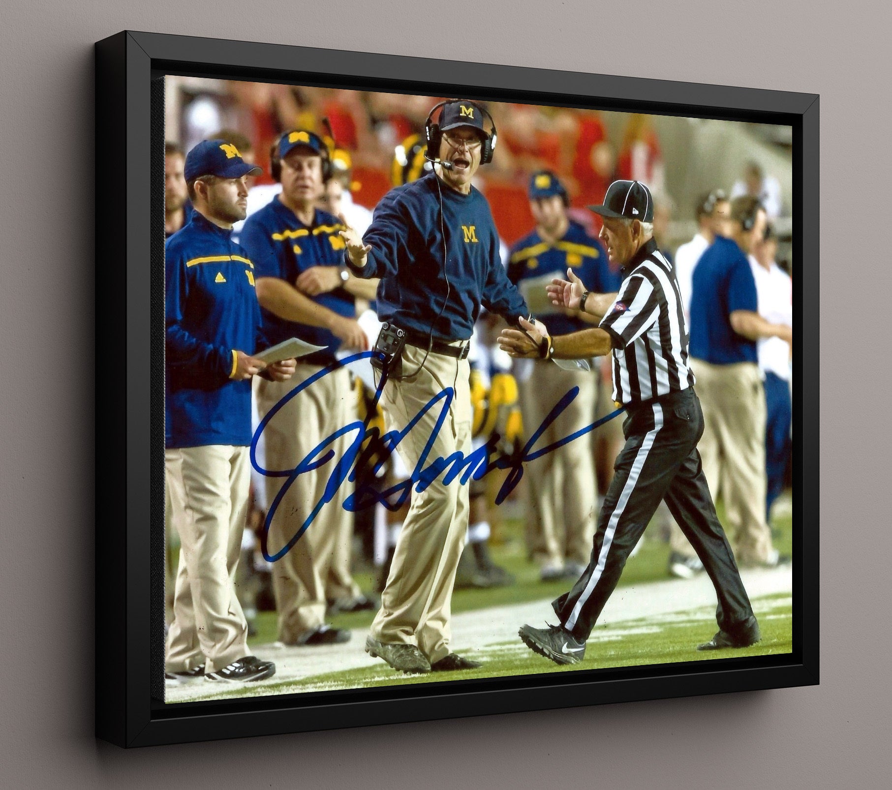 Michigan Football Jim Harbaugh Sideline InfractionRef Rage College Football Wall Art 16x20 Framed Canvas wall art print – College Football decor