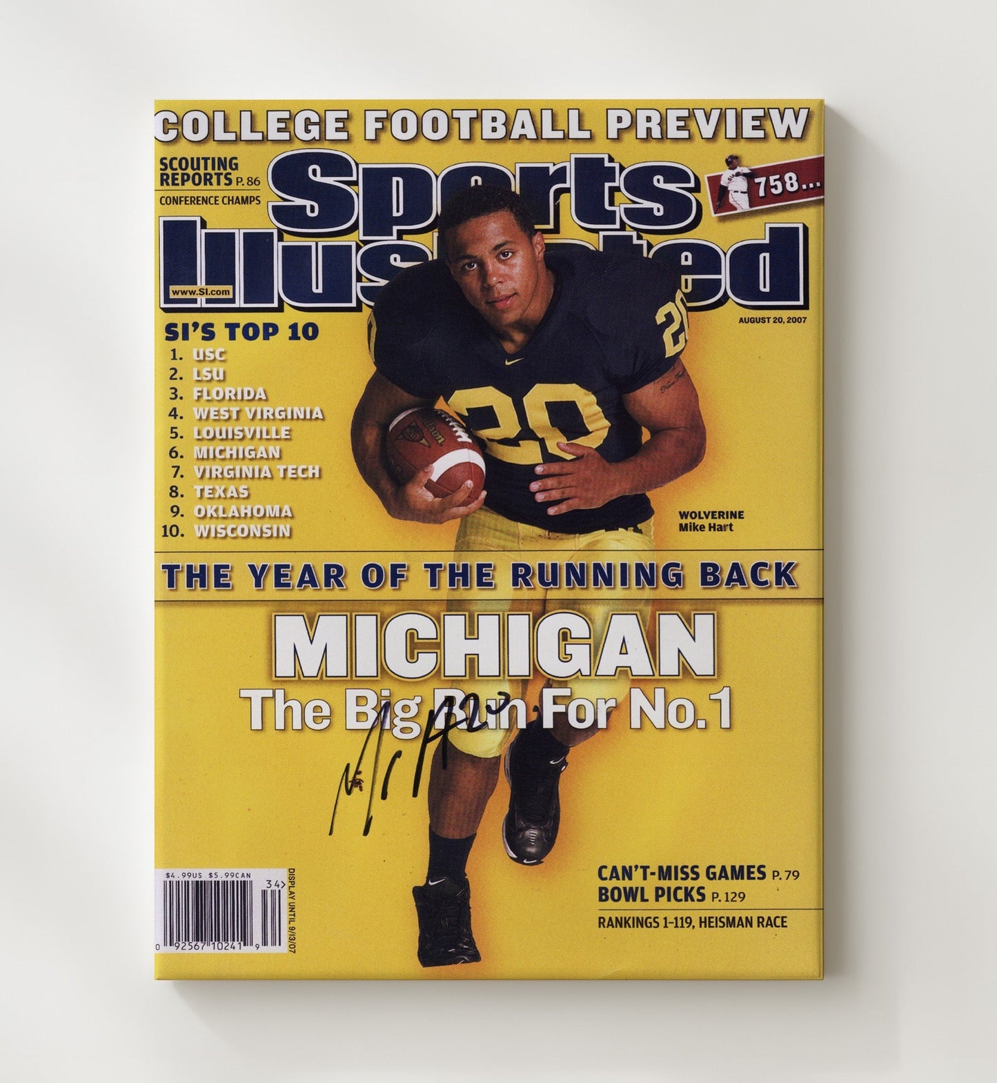 Michigan Football - Mike Hart Year of the Running Back SI Cover 2007 8x10 Canvas college football wall art