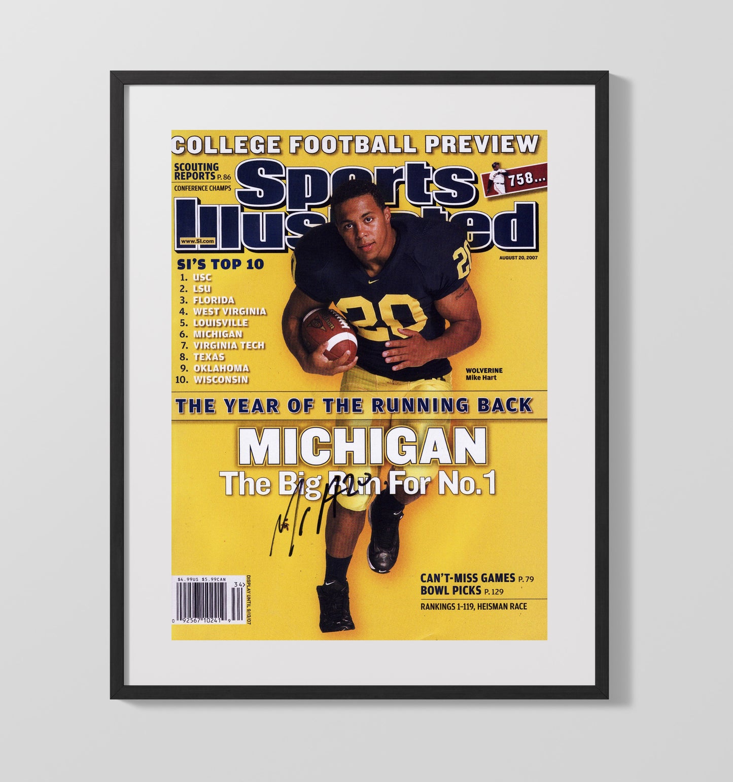 Michigan Football Mike Hart Year of the Running Back SI Cover 2007 College Football Wall Art 16x20 Gallery Frame wall art print – College Football decor