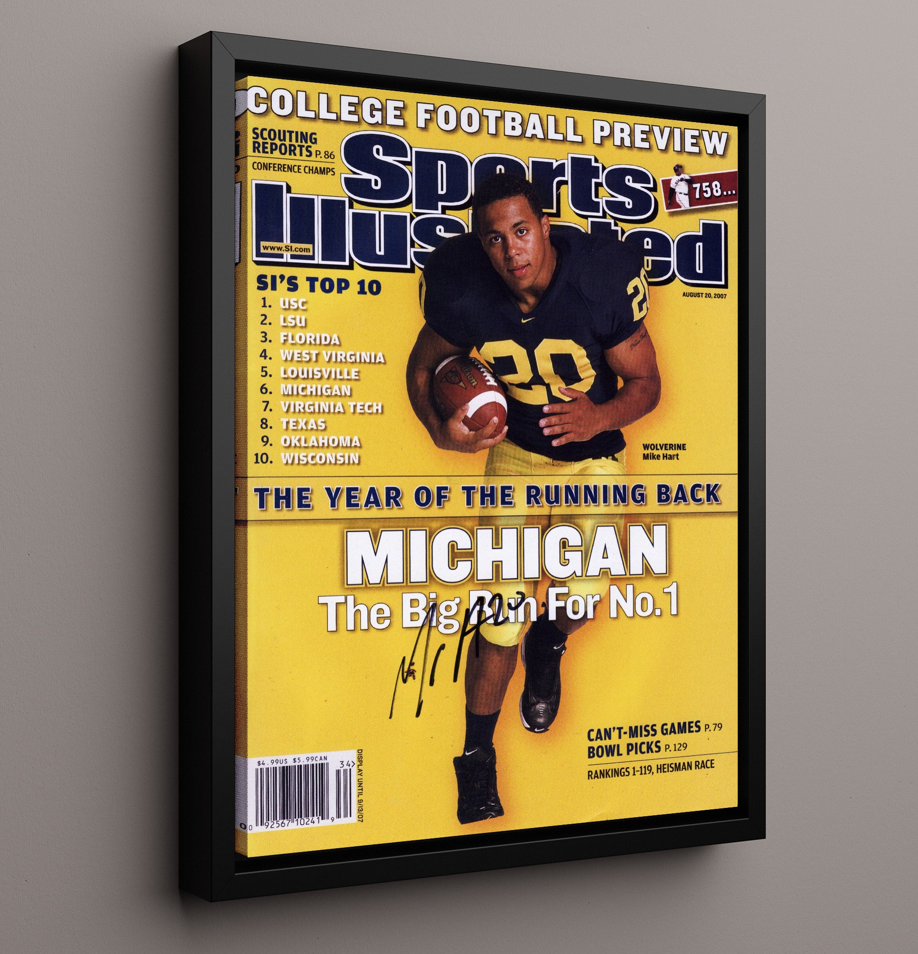 Michigan Football Mike Hart Year of the Running Back SI Cover 2007 College Football Wall Art 16x20 Framed Canvas wall art print – College Football decor