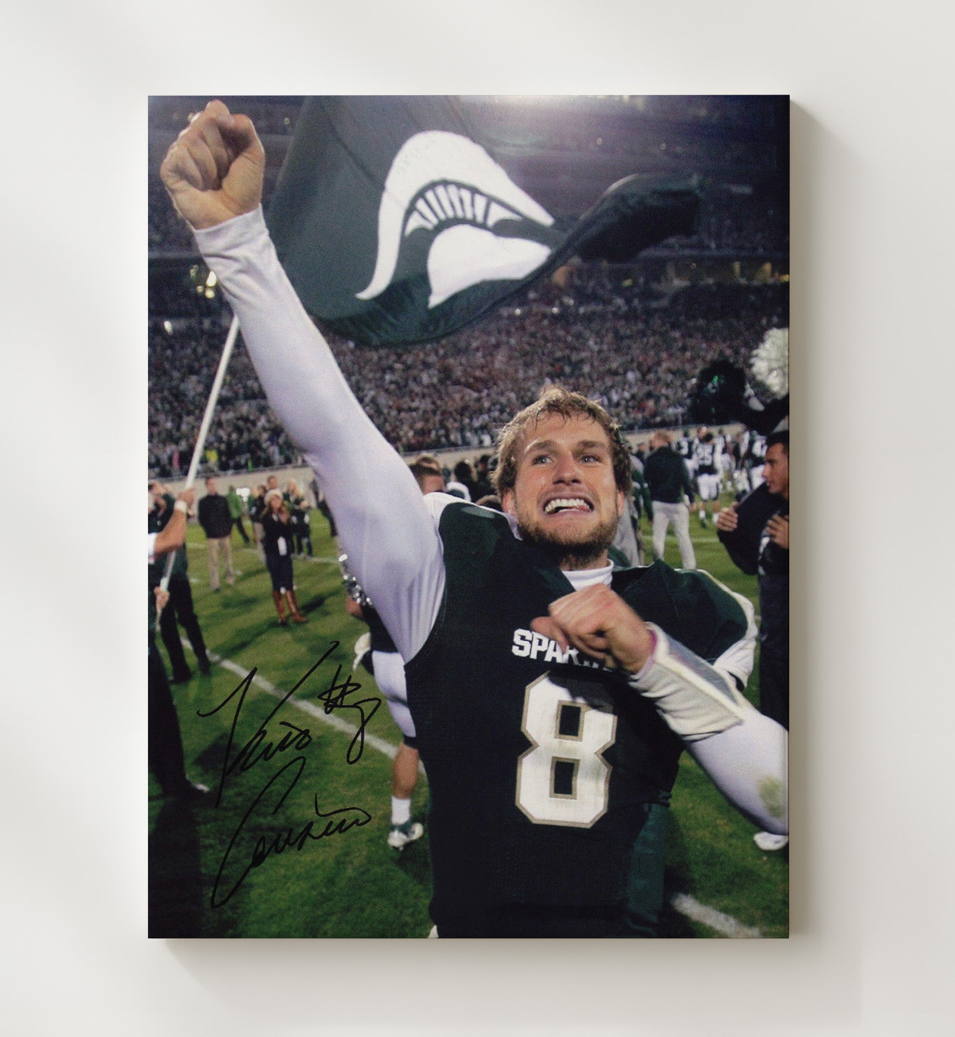 Michigan State Kirk Cousins Victory Flag Celebration College Football Wall Art 20x24 Canvas wall art print – College Football decor