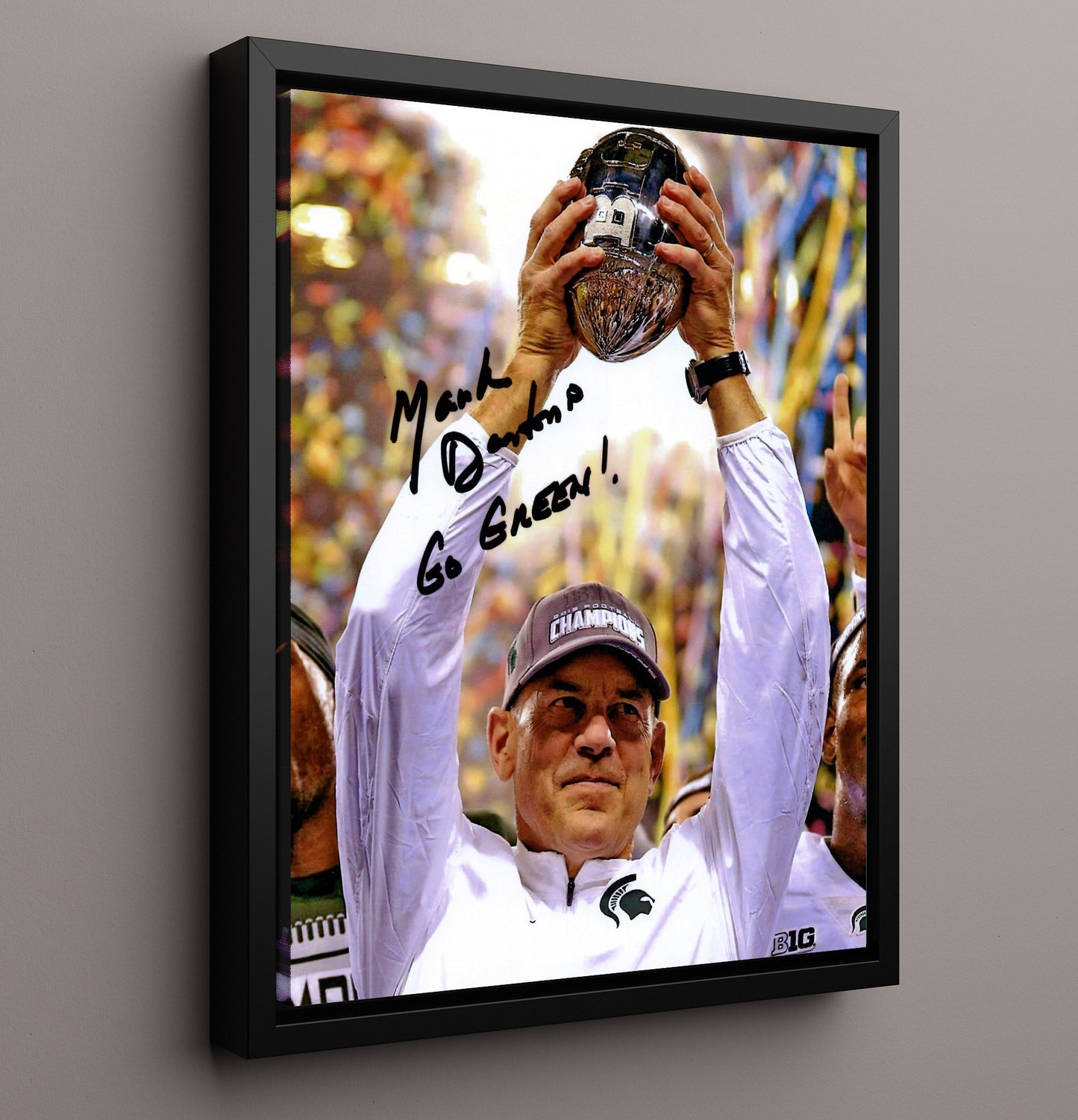 Michigan State Mark Dantonio Trophy Celebration Go Green College Football Wall Art 16x20 Framed Canvas wall art print – College Football decor