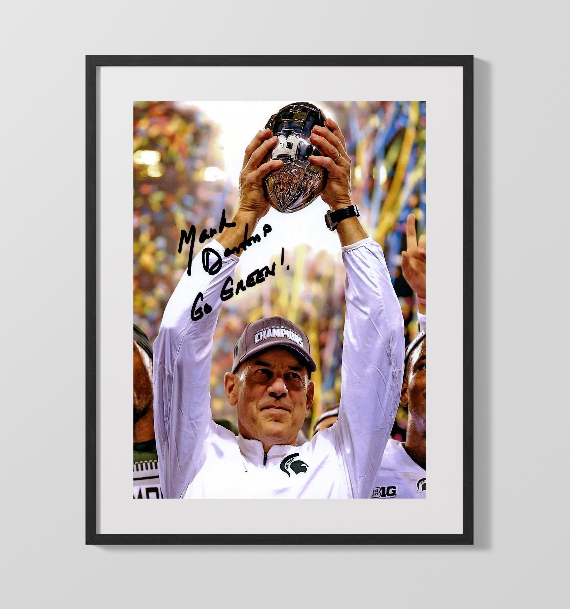 Michigan State Mark Dantonio Trophy Celebration Go Green College Football Wall Art 16x20 Gallery Frame wall art print – College Football decor