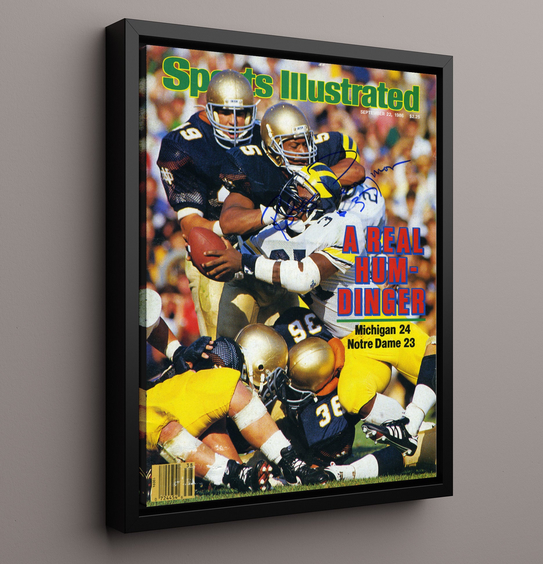 Michigan vs Notre Dame Football Goal Line Collision Classic Rivalry Clash 1986 SI College 16x20 Framed Canvas wall art print – College Football decor